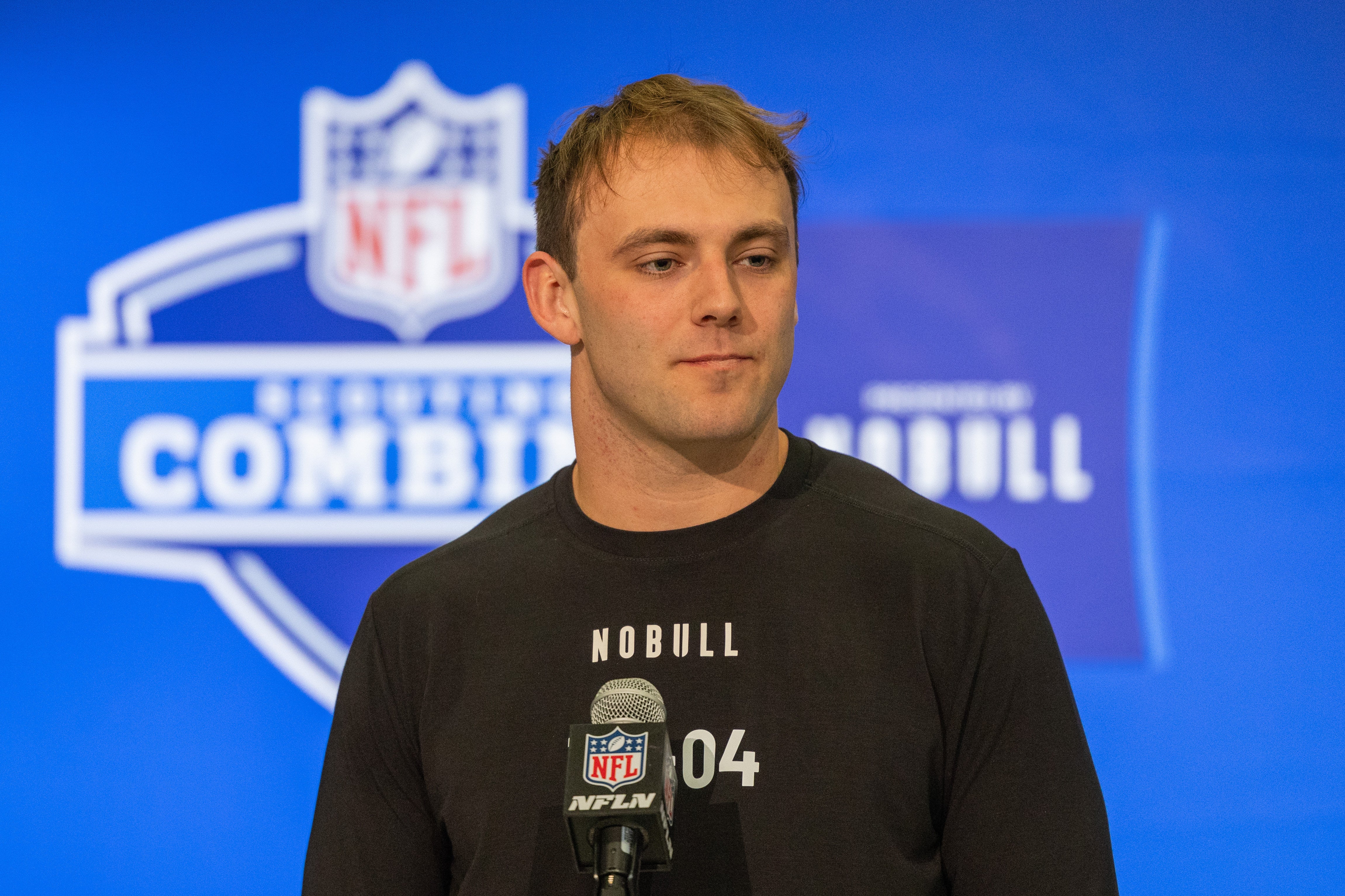 Georgia tight end Brock Bowers (TE04) talks to the media during the 2024 NFL Combine at Lucas Oil Stadium.