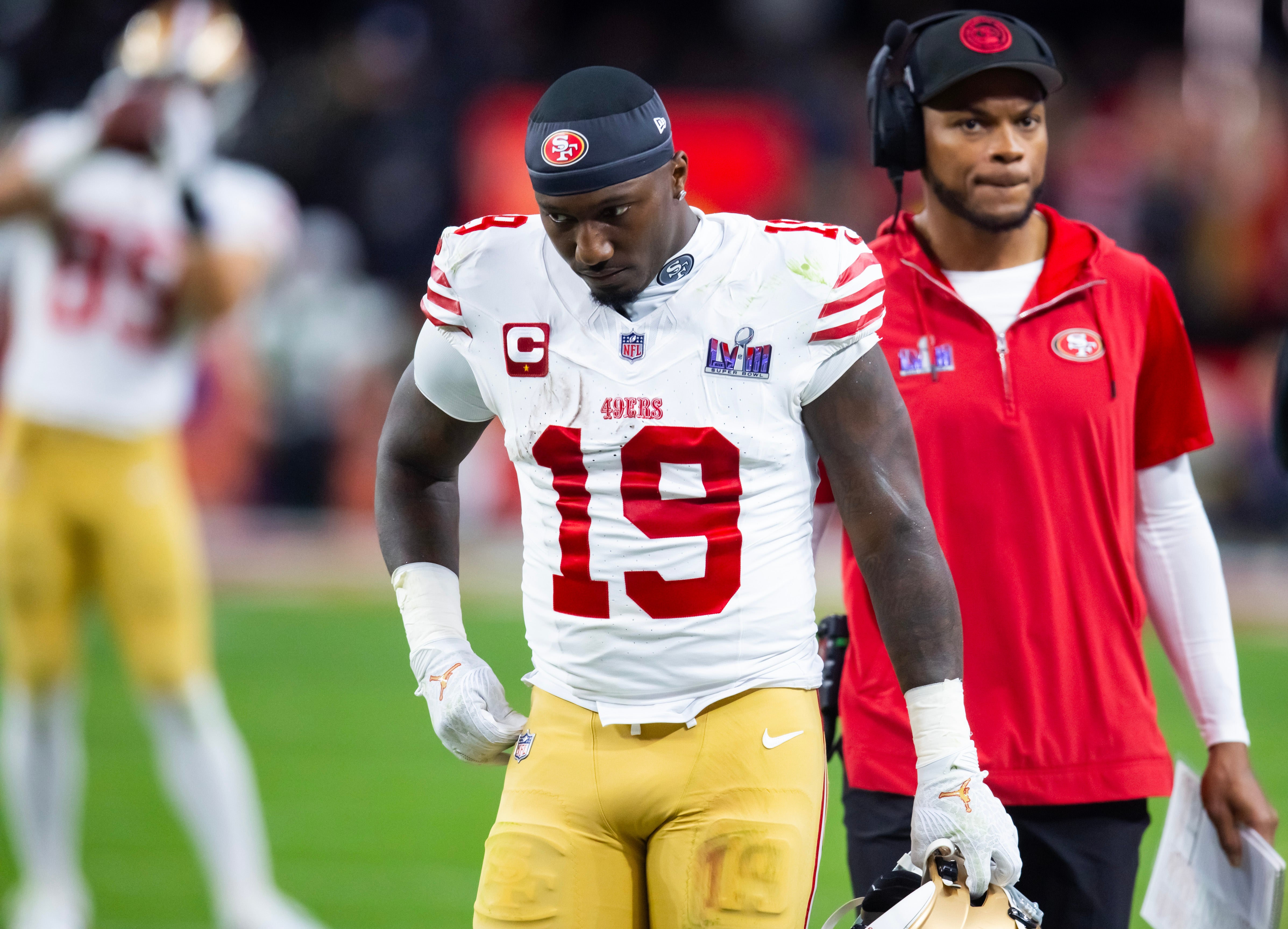 Feb 11, 2024; Paradise, Nevada, USA; San Francisco 49ers wide receiver Deebo Samuel (19) reacts against the Kansas City Chiefs in Super Bowl LVIII at Allegiant Stadium.