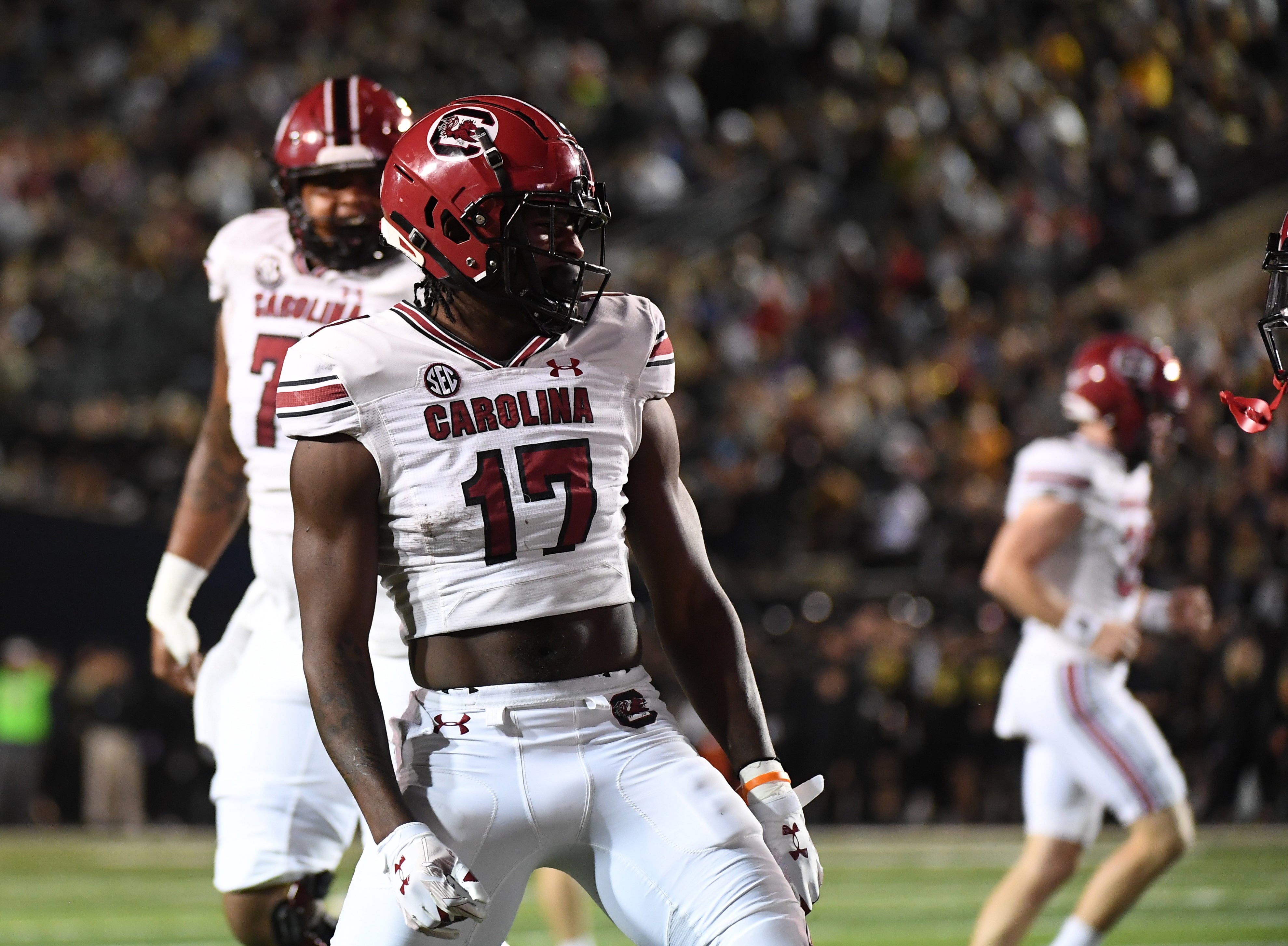 Nov 5, 2022; Nashville, Tennessee, USA; South Carolina Gamecocks wide receiver Xavier Legette (17) celebrates after a touchdown during the first half against the Vanderbilt Commodores at FirstBank Stadium. Mandatory Credit: Christopher Hanewinckel-USA TODAY Sports