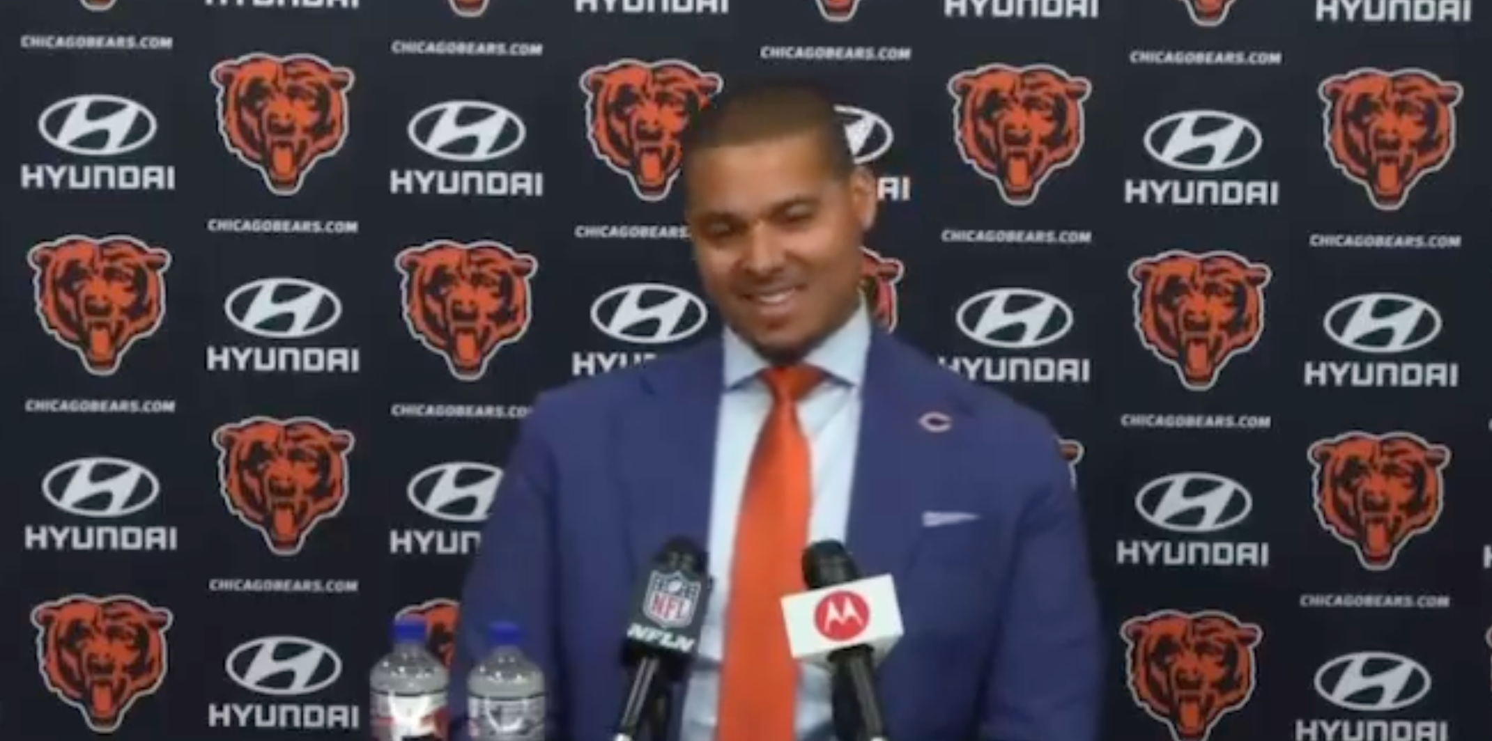 Chicago Bears general manager Ryan Poles reacts to the Atlanta Falcons drafting Washington quarterback Michael Penix Jr. at No. 8 overall.
