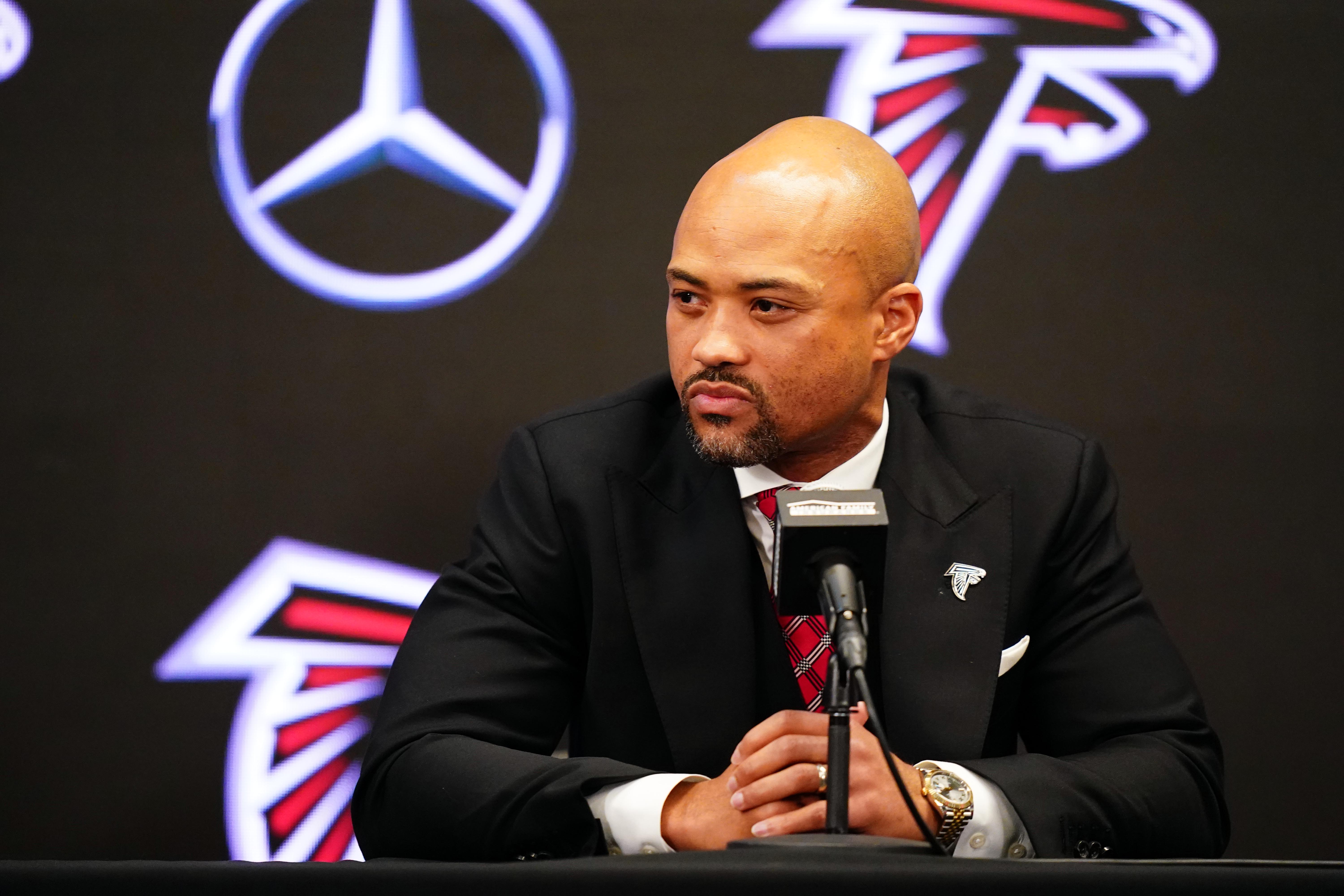 Atlanta Falcons general manager Terry Fontenot addresses the media as Raheem Morris is introduced as the new head coach of the Atlanta Falcons at Mercedes-Benz Stadium.