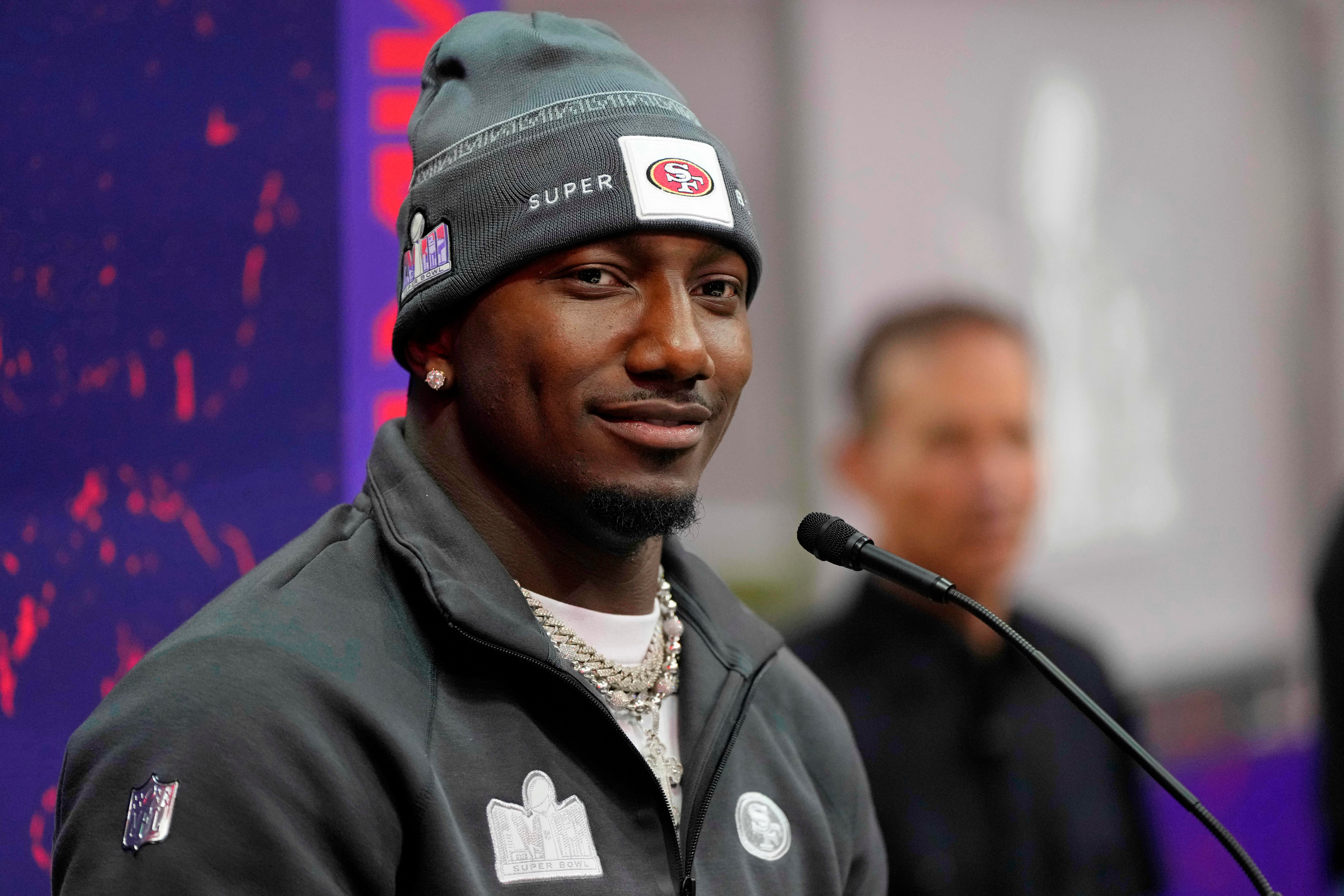 Feb 5, 2024; Las Vegas, NV, USA; San Francisco 49ers wide receiver Deebo Samuel (19) talks to the media during Super Bowl LVIII Opening Night at Allegiant Stadium