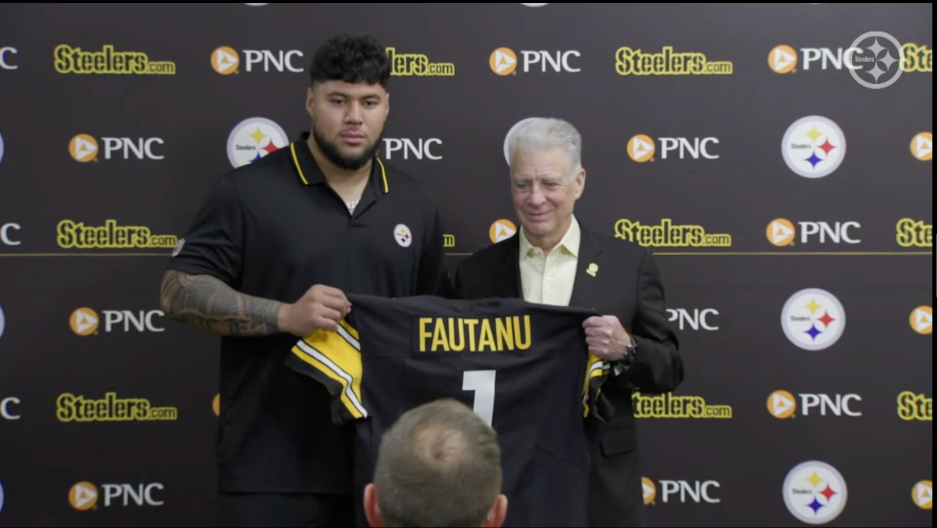 Pittsburgh Steelers introduce 2024 first-round pick Troy Fautanu during post-draft press conference, 4/26/24.