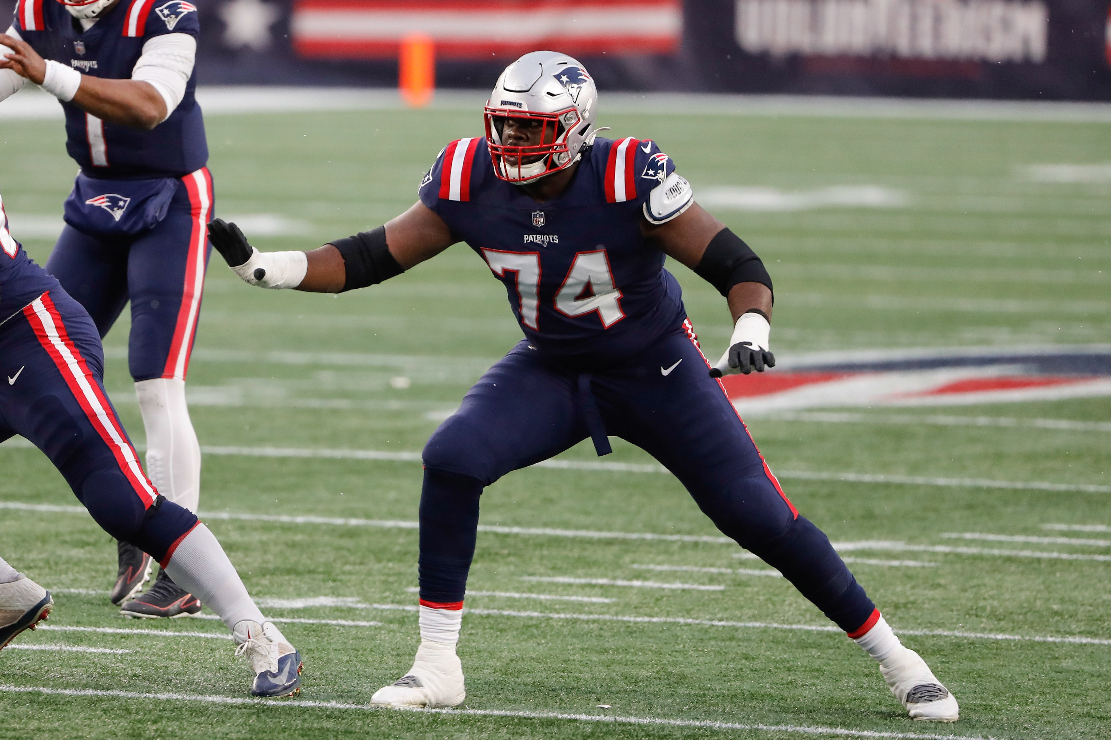 Jan 3, 2021; Foxborough, Massachusetts, USA; New England Patriots offensive tackle Korey Cunningham (74) during the second half against the New York Jets at Gillette Stadium.