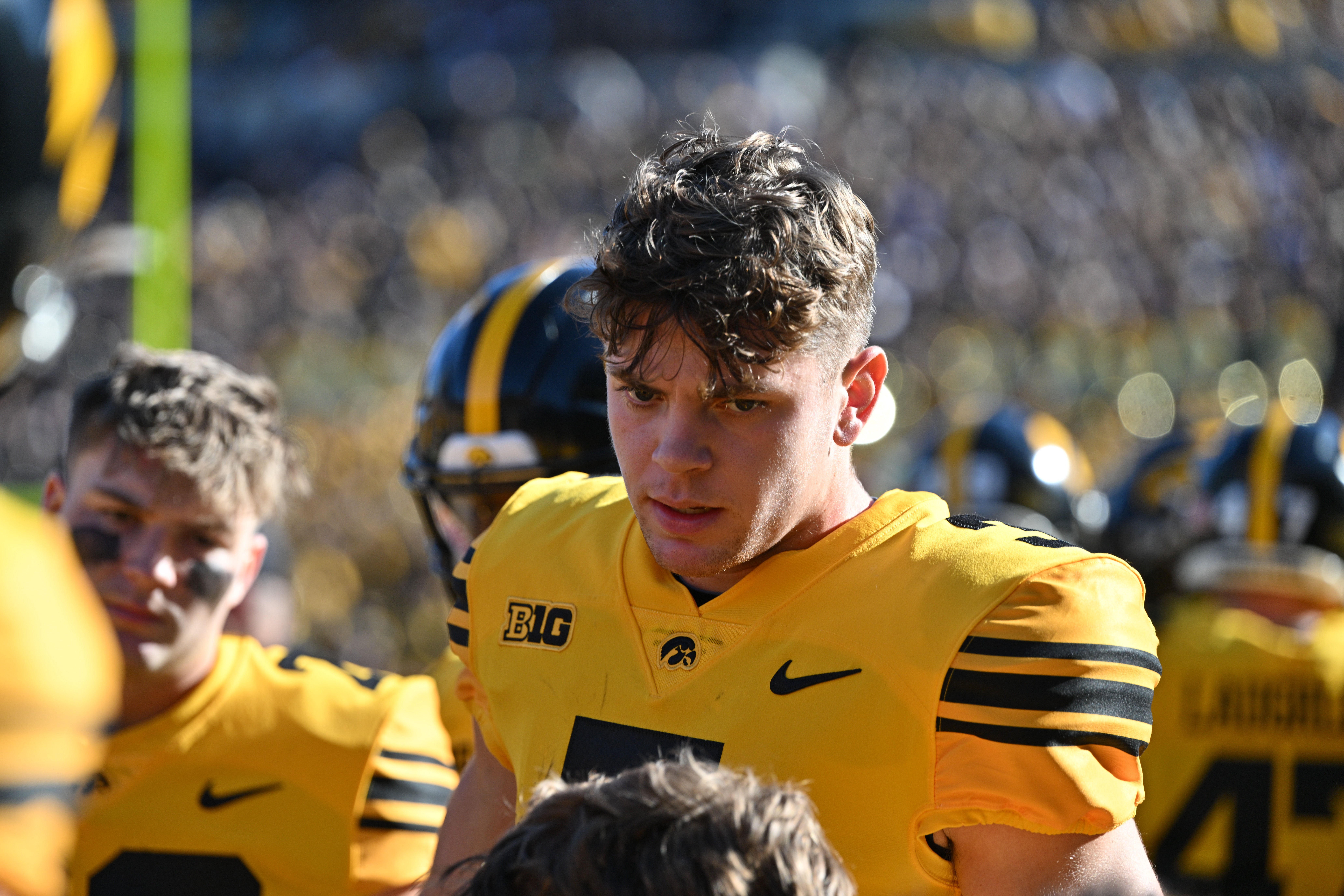Oct 21, 2023; Iowa City, Iowa, USA; Iowa Hawkeyes defensive back Cooper DeJean (3) looks on during the game against the Minnesota Golden Gophers at Kinnick Stadium.