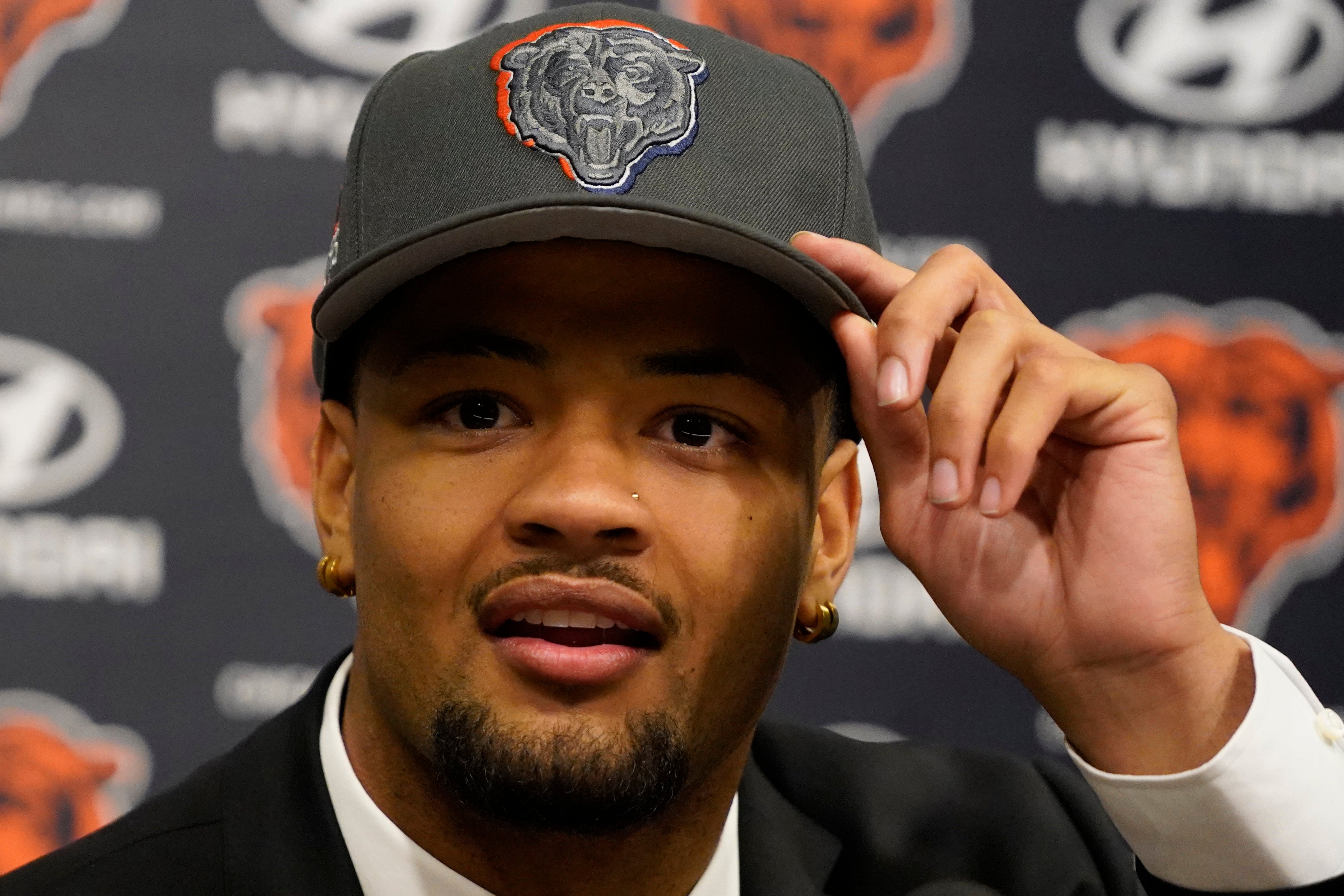 Apr 26, 2024; Lake Forest, IL, USA; Chicago Bears first round draft choice and number nine overall pick Rome Odunze speaks at a press conference at Halas Hall.