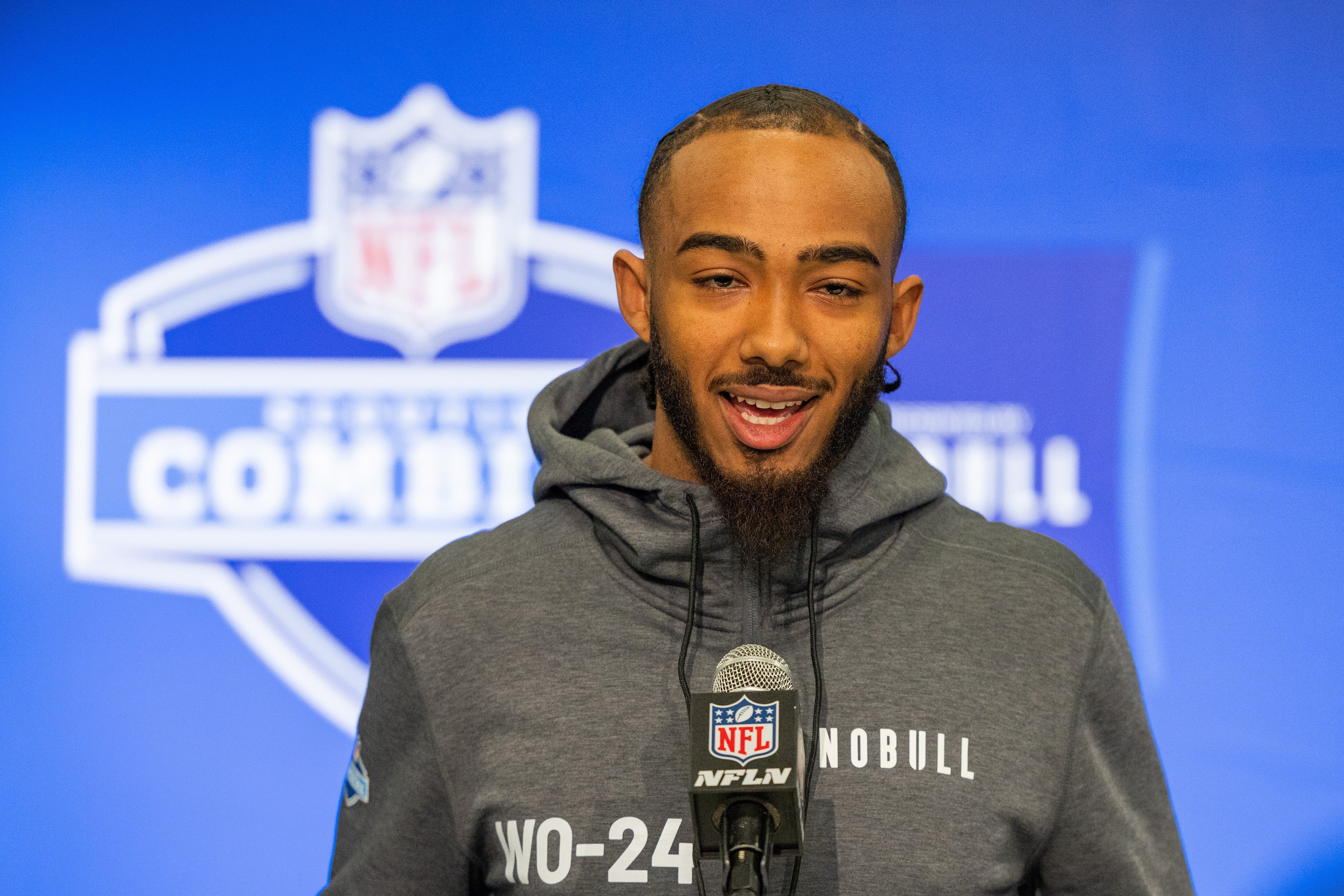 Mar 1, 2024; Indianapolis, IN, USA; Washington wide receiver Ja'Lynn Polk (WO24) talks to the media during the 2024 NFL Combine at Lucas Oil Stadium.
