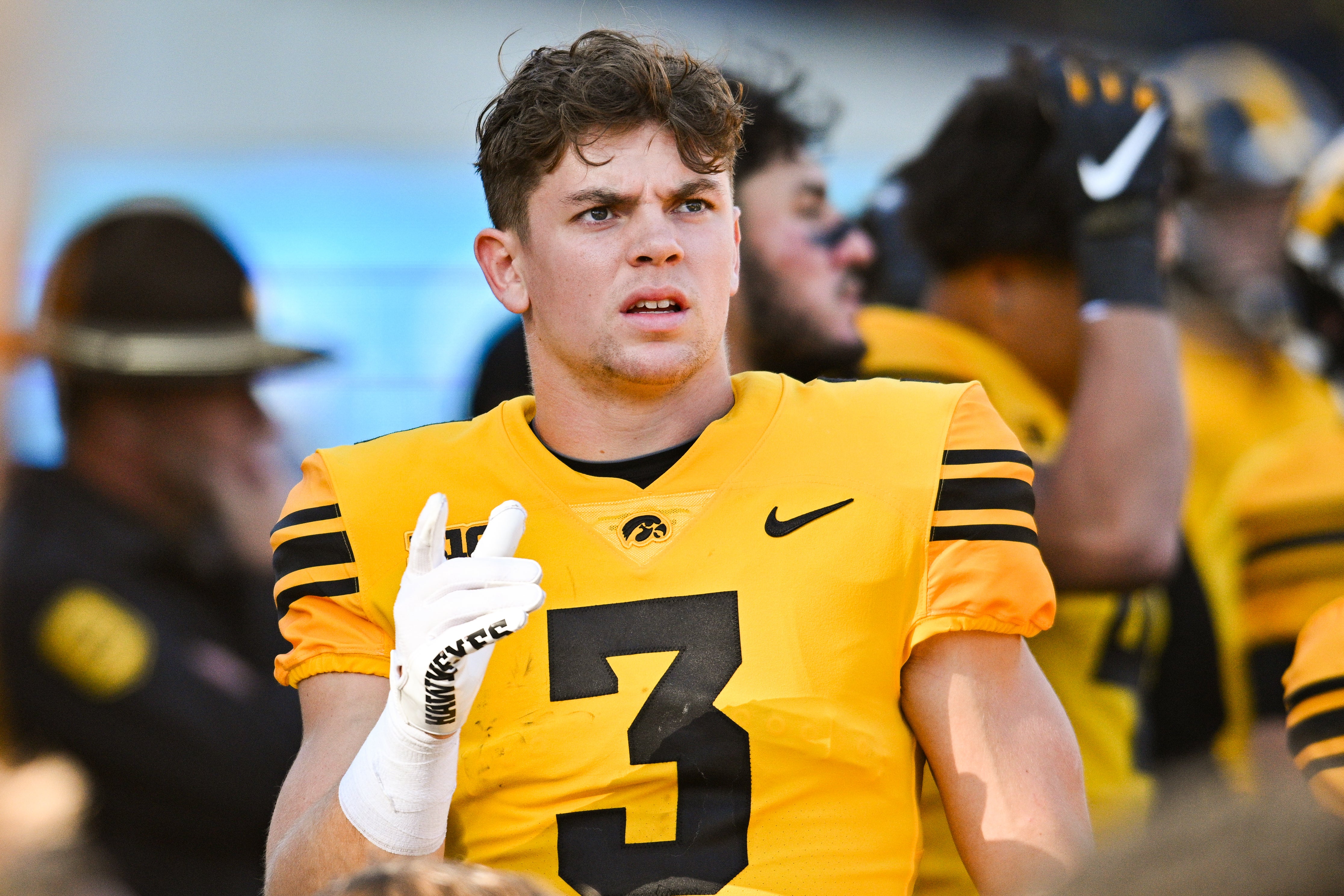 owa Hawkeyes defensive back Cooper DeJean (3) reacts during the second quarter against the Minnesota Golden Gophers at Kinnick Stadium.