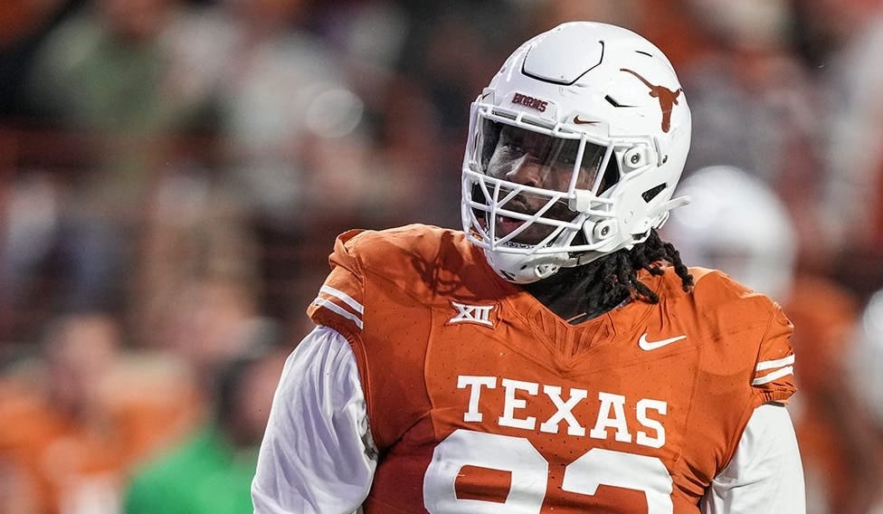 Texas Longhorns defensive lineman T'Vondre Sweat (93) celebrates a play during the game against Texas Tech at Darrell K Royal Texas Memorial Stadium on Friday, Nov. 24, 2023 Mikala Compton/American-Statesman-USA TODAY NETWORK