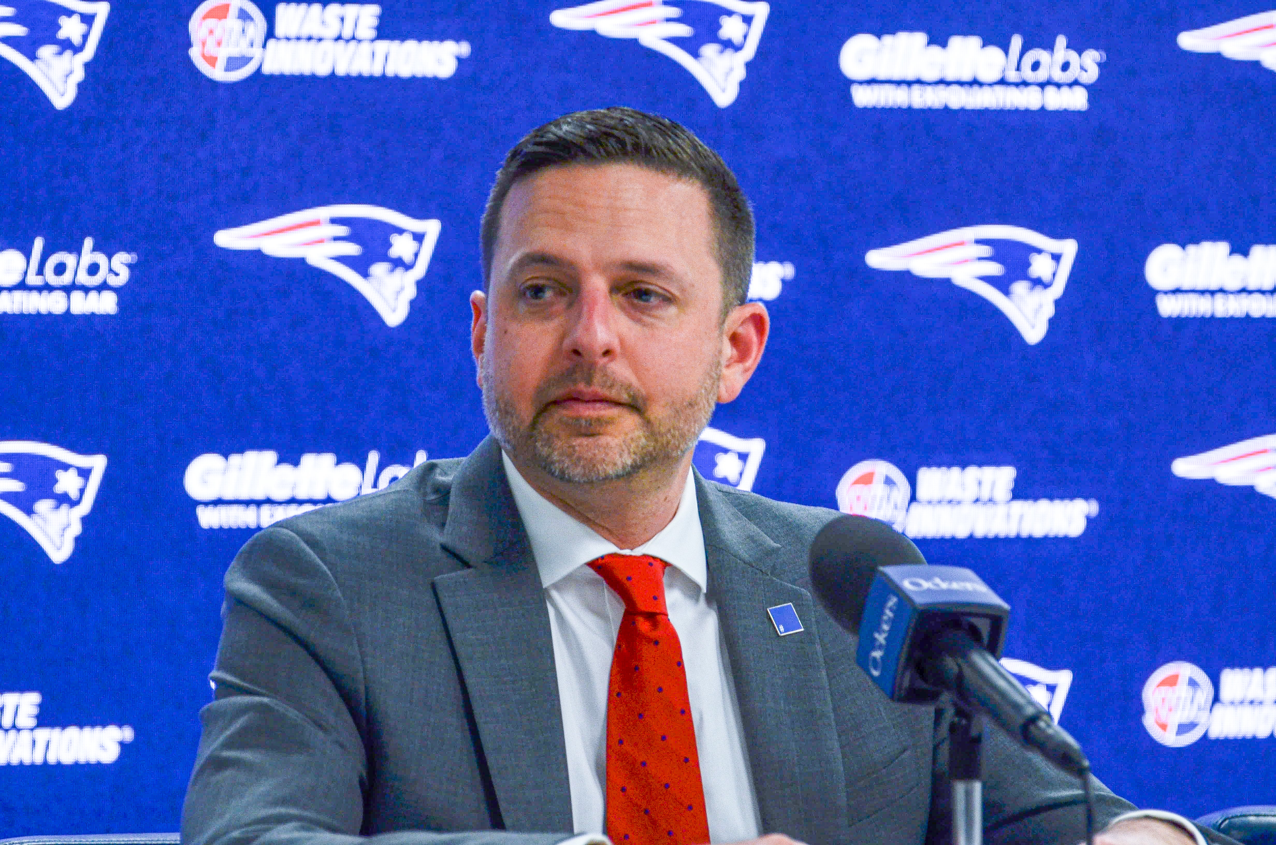 Eliot Wolf speaking with the media on Thursday night after selecting QB Drake Maye.