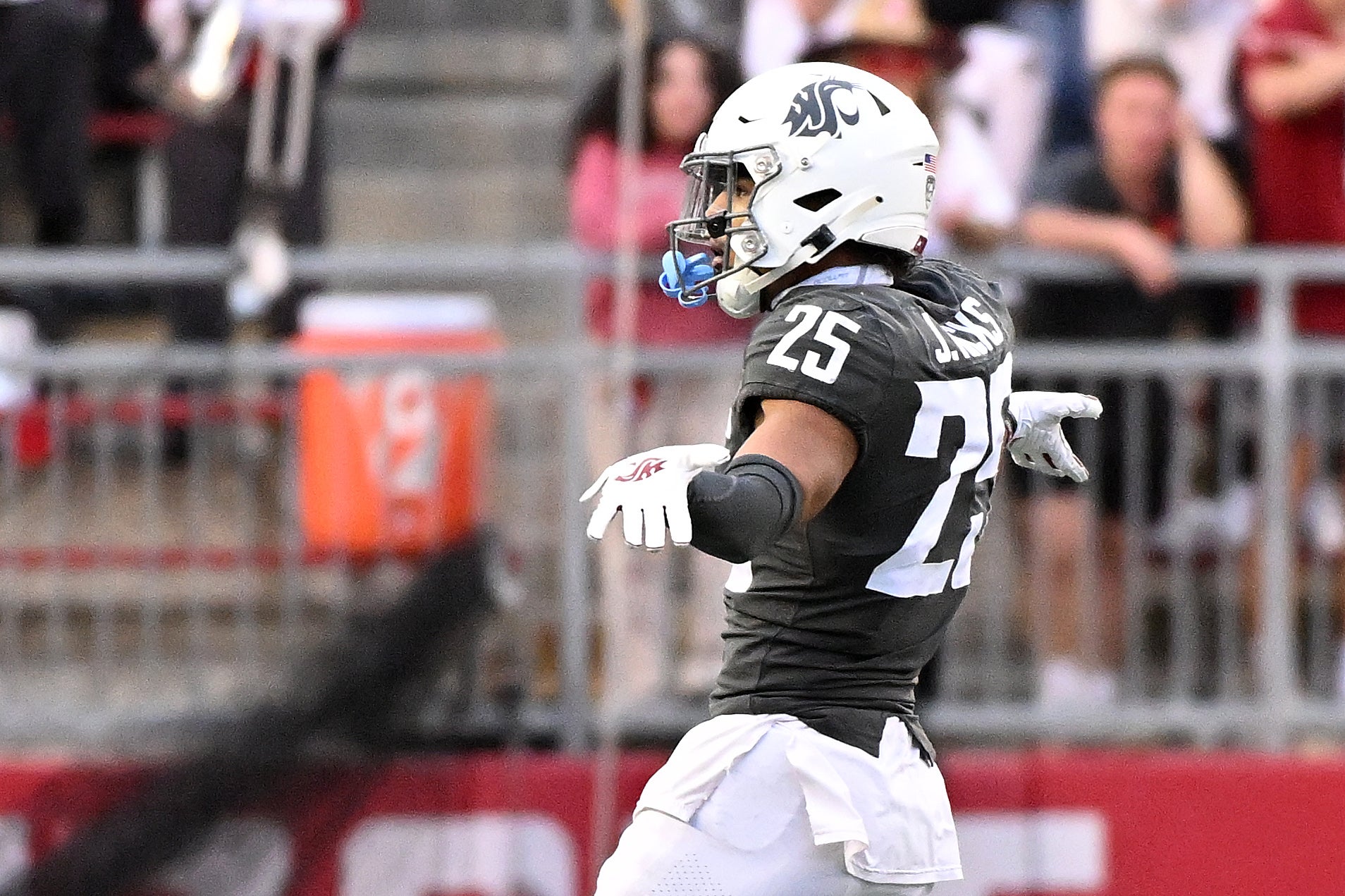 Sep 23, 2023; Pullman, Washington, USA; Washington State Cougars defensive back Jaden Hicks (25) celebrates after. Play against the Oregon State Beavers in the second half at Gesa Field at Martin Stadium. Washington State won 38-35.