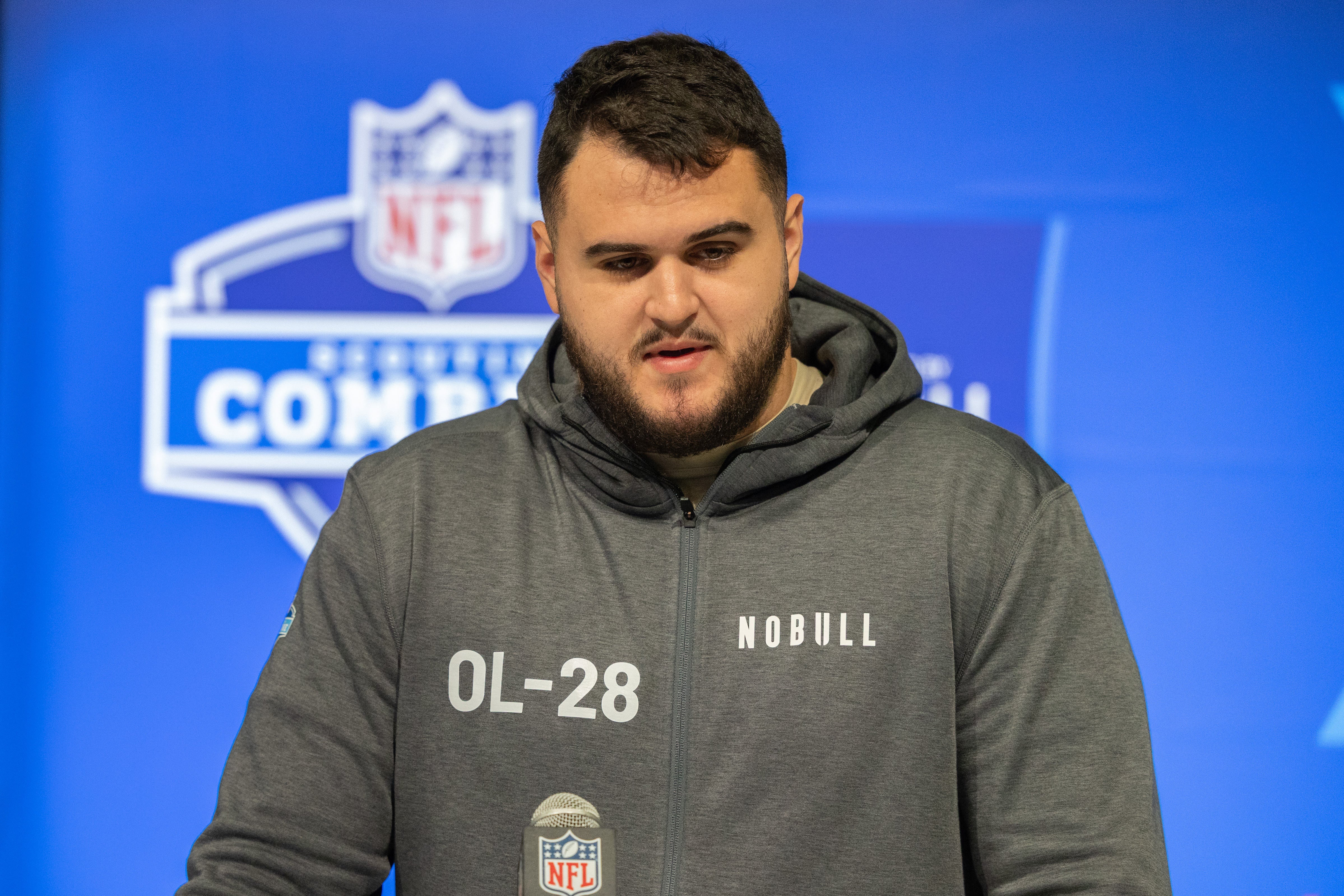 Mar 2, 2024; Indianapolis, IN, USA; Pittsburgh offensive lineman Matthew Goncalves (OL28) talks to the media during the 2024 NFL Combine at Lucas Oil Stadium.
