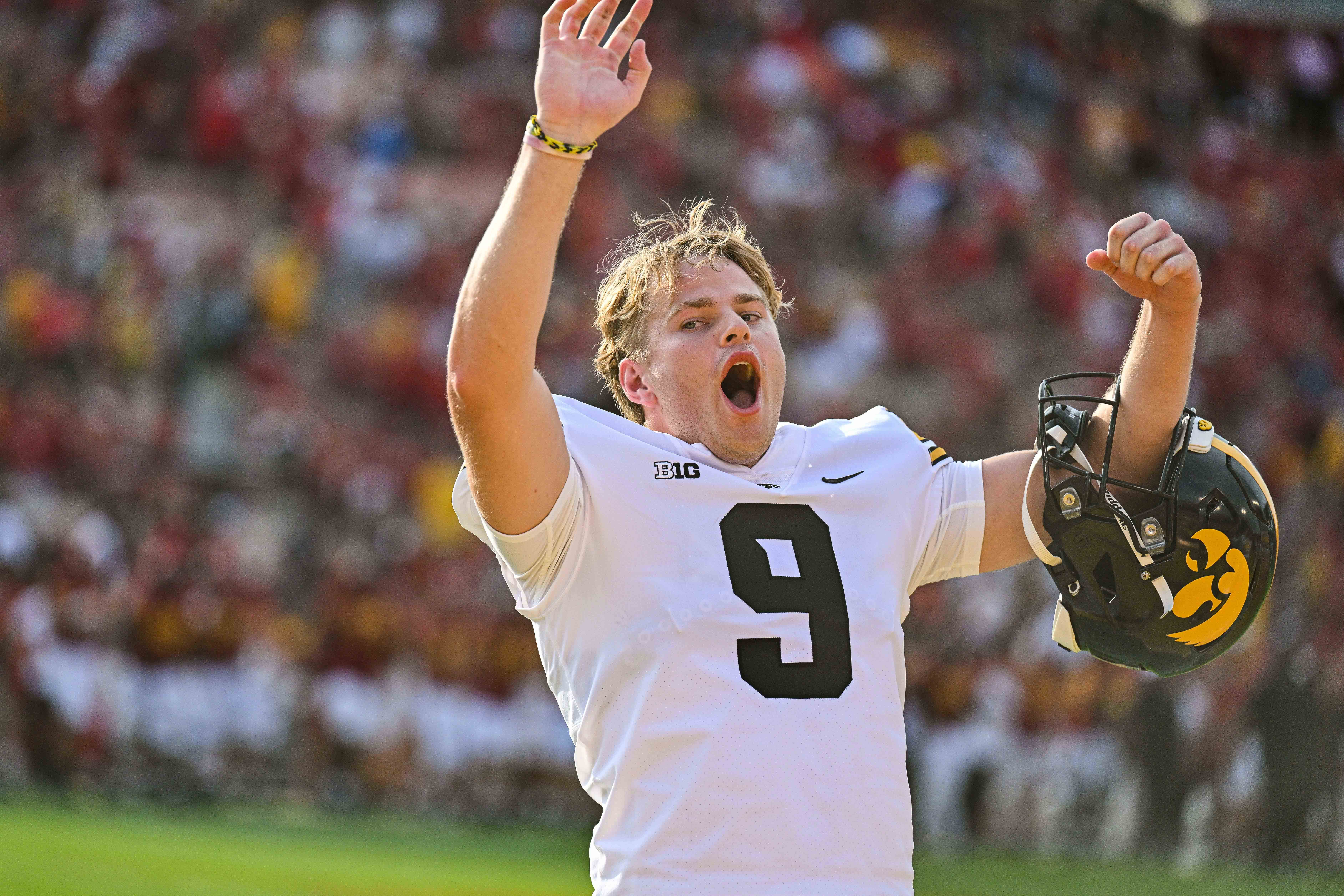 Sep 9, 2023; Ames, Iowa, USA; Iowa Hawkeyes punter Tory Taylor (9) reacts during the game against the Iowa State Cyclones at Jack Trice Stadium.