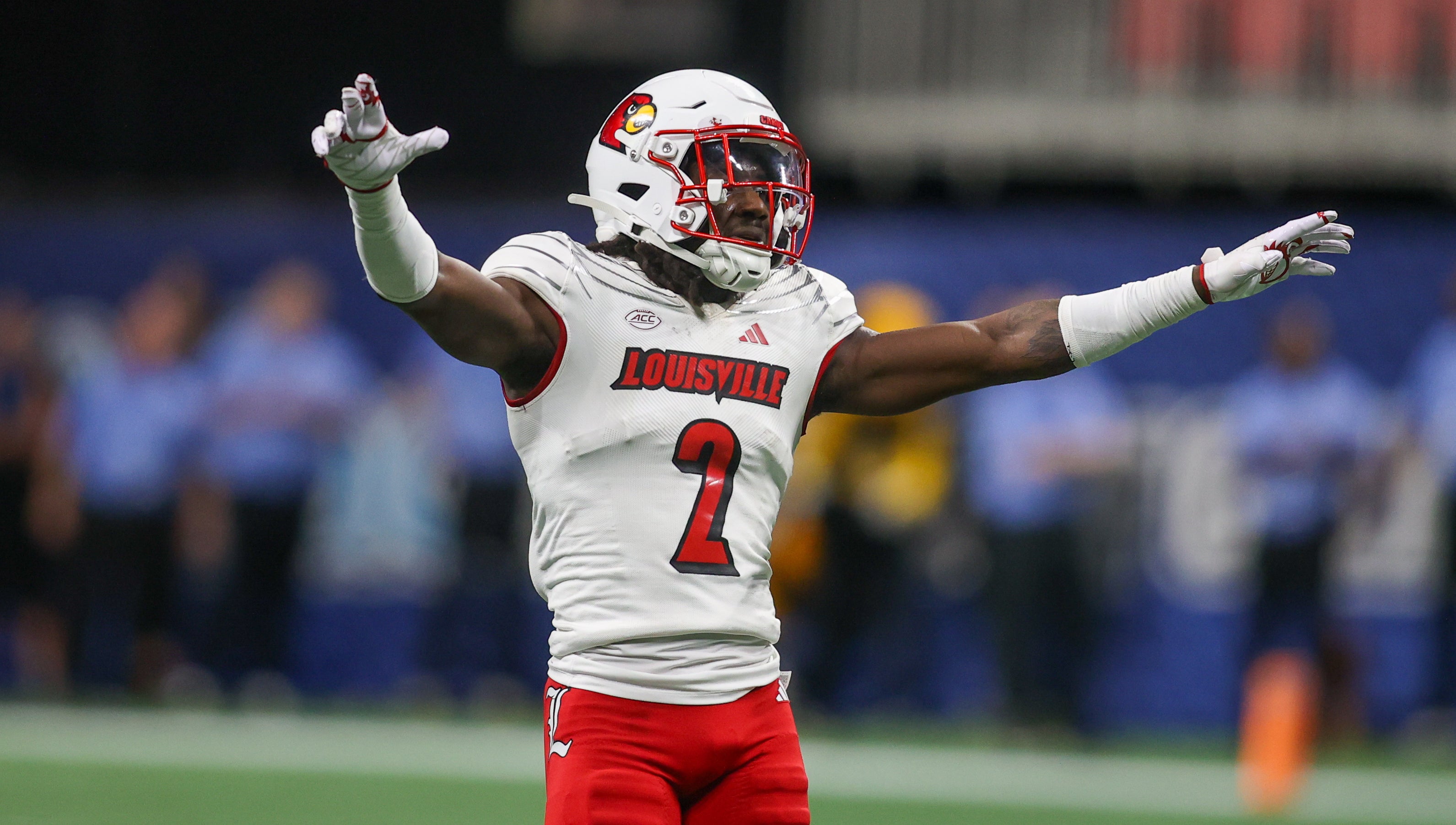Louisville Cardinals defensive back Jarvis Brownlee Jr. (2) reacts after a stop against the Georgia Tech Yellow Jackets in the fourth quarter at Mercedes-Benz Stadium. Brett Davis-USA TODAY Sports