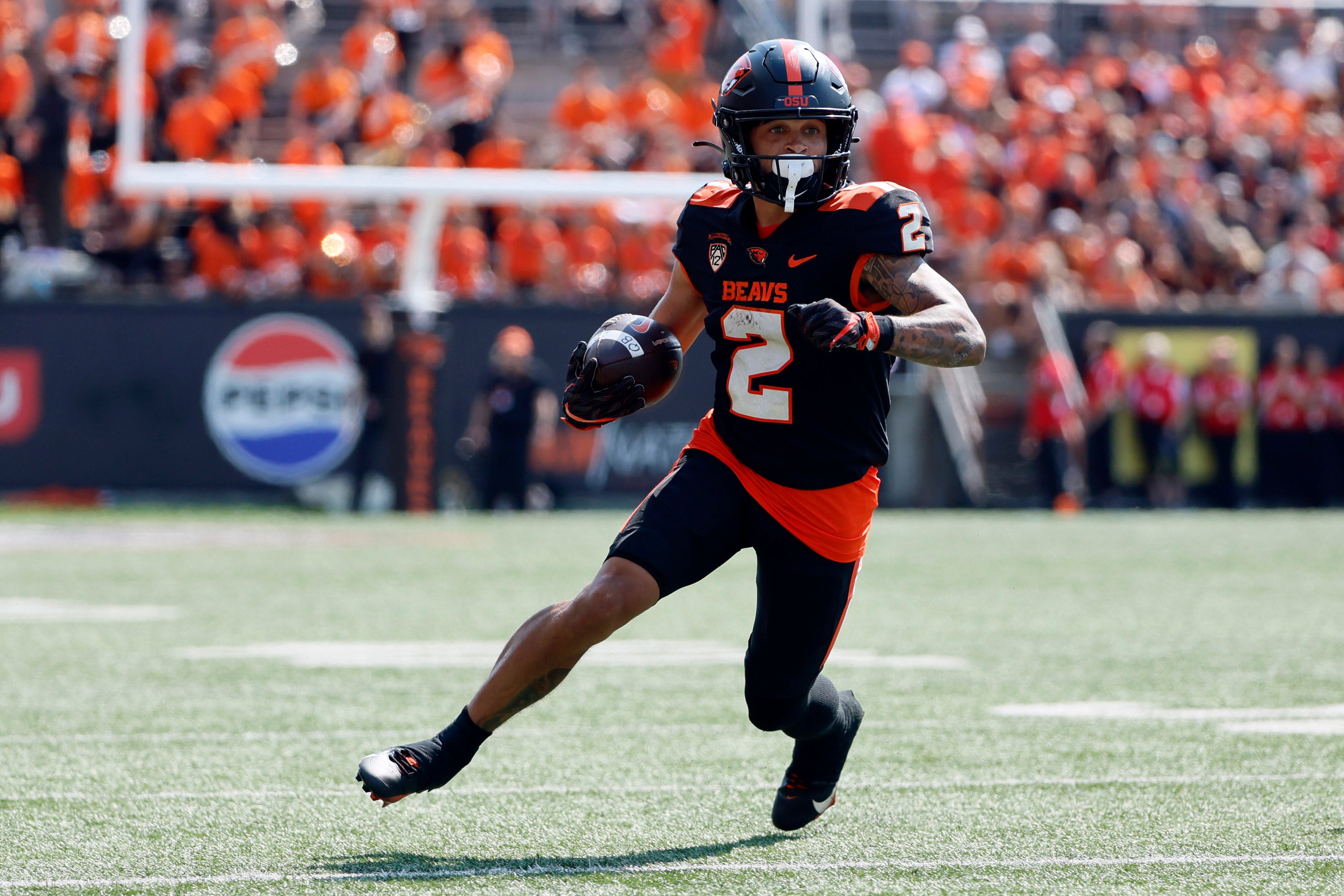 Sep 16, 2023; Corvallis, Oregon, USA; Oregon State Beavers wide receiver Anthony Gould (2) runs after a catch against during the first half against the San Diego State Aztecs at Reser Stadium.