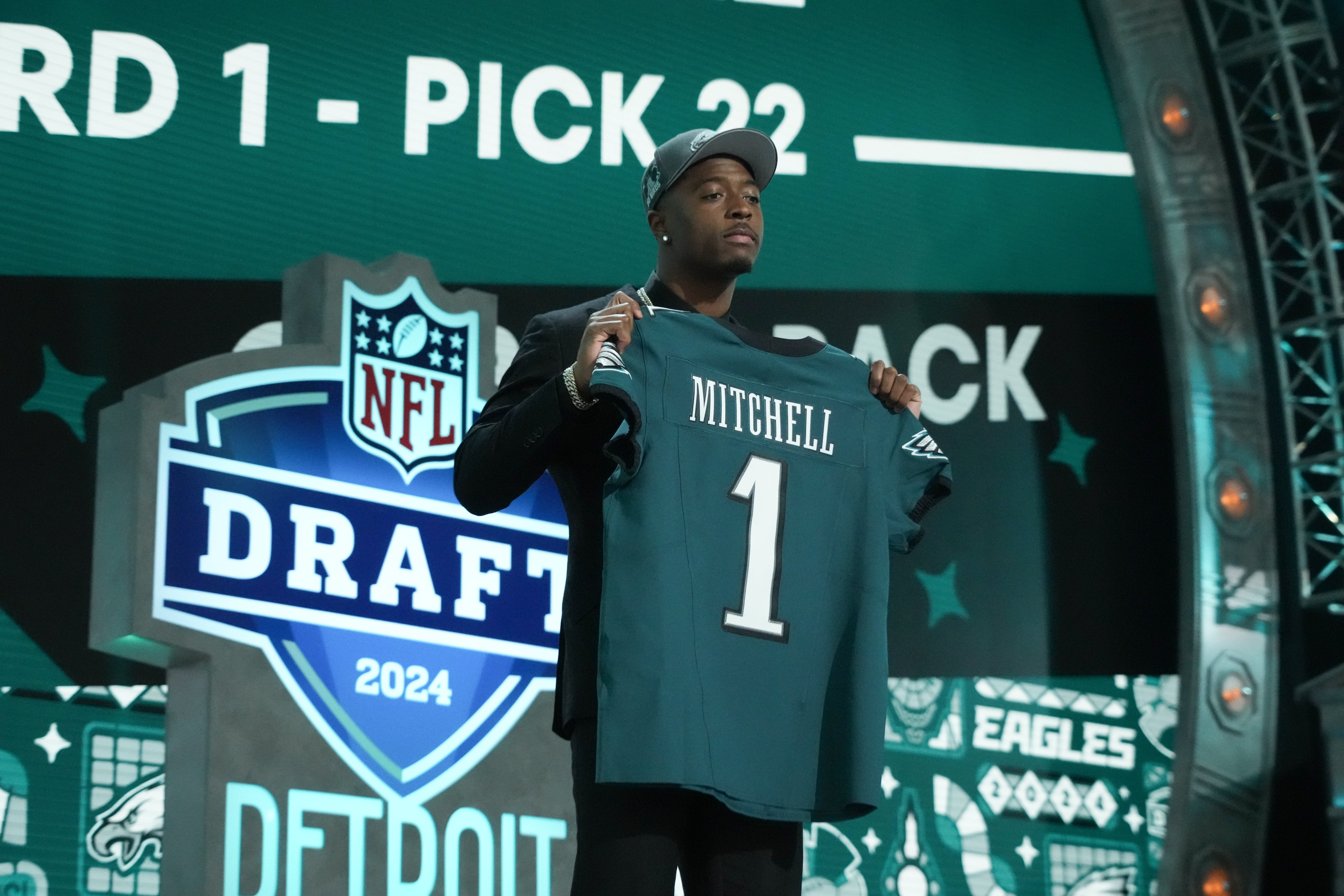 Toledo Rockets cornerback Quinyon Mitchell poses after being selected by the Philadelphia Eagles as the No. 22 pick in the first round of the 2024 NFL Draft at Campus Martius Park and Hart Plaza.