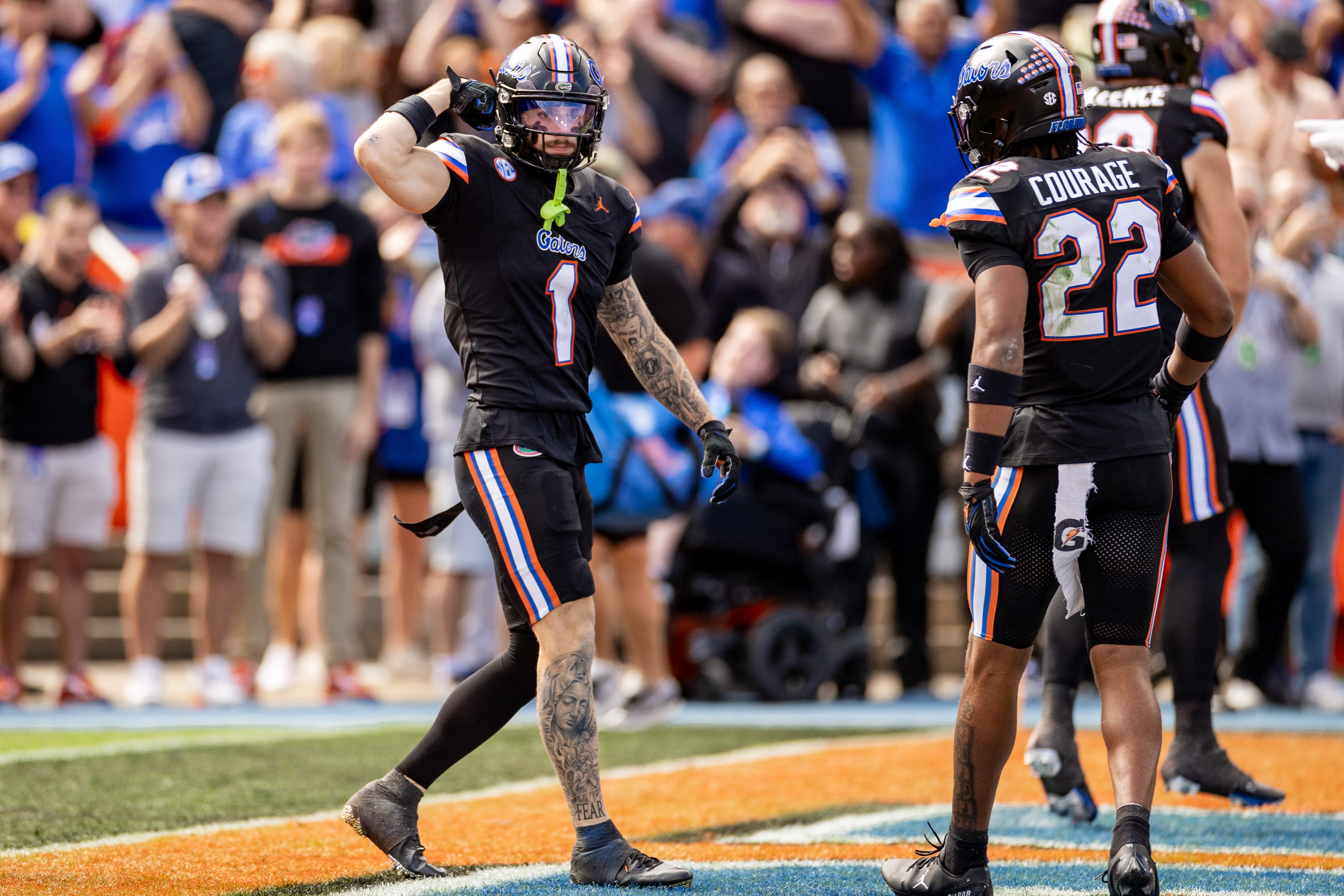 Florida Gators wide receiver Ricky Pearsall (1) gestures in the endzone during the second half against the Arkansas Razorbacks at Steve Spurrier Field at Ben Hill Griffin Stadium in Gainesville, FL on Saturday, November 4, 2023.