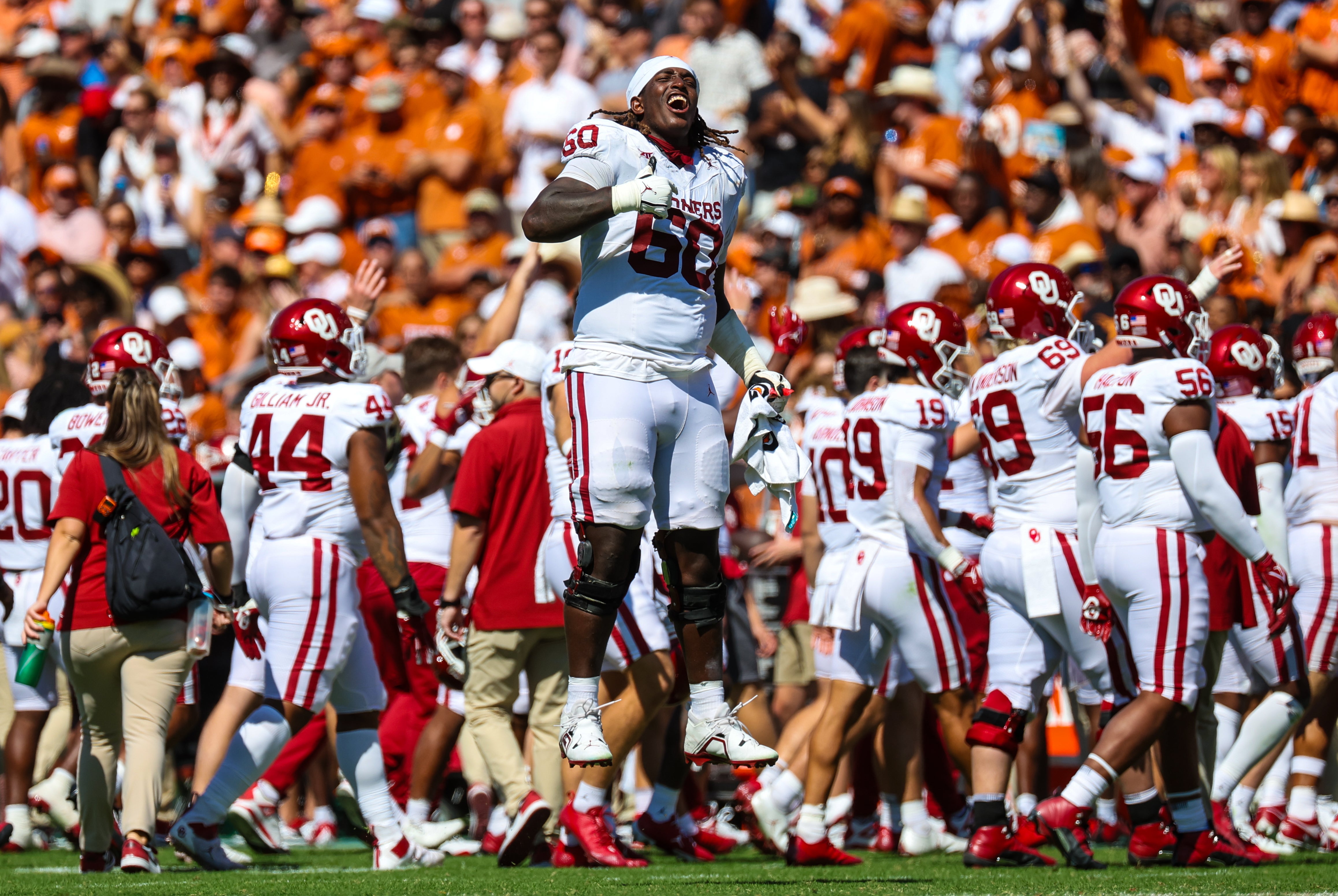 Oklahoma Sooners offensive lineman Tyler Guyton (60) reacts during the game against the Texas Longhorns at the Cotton Bowl.