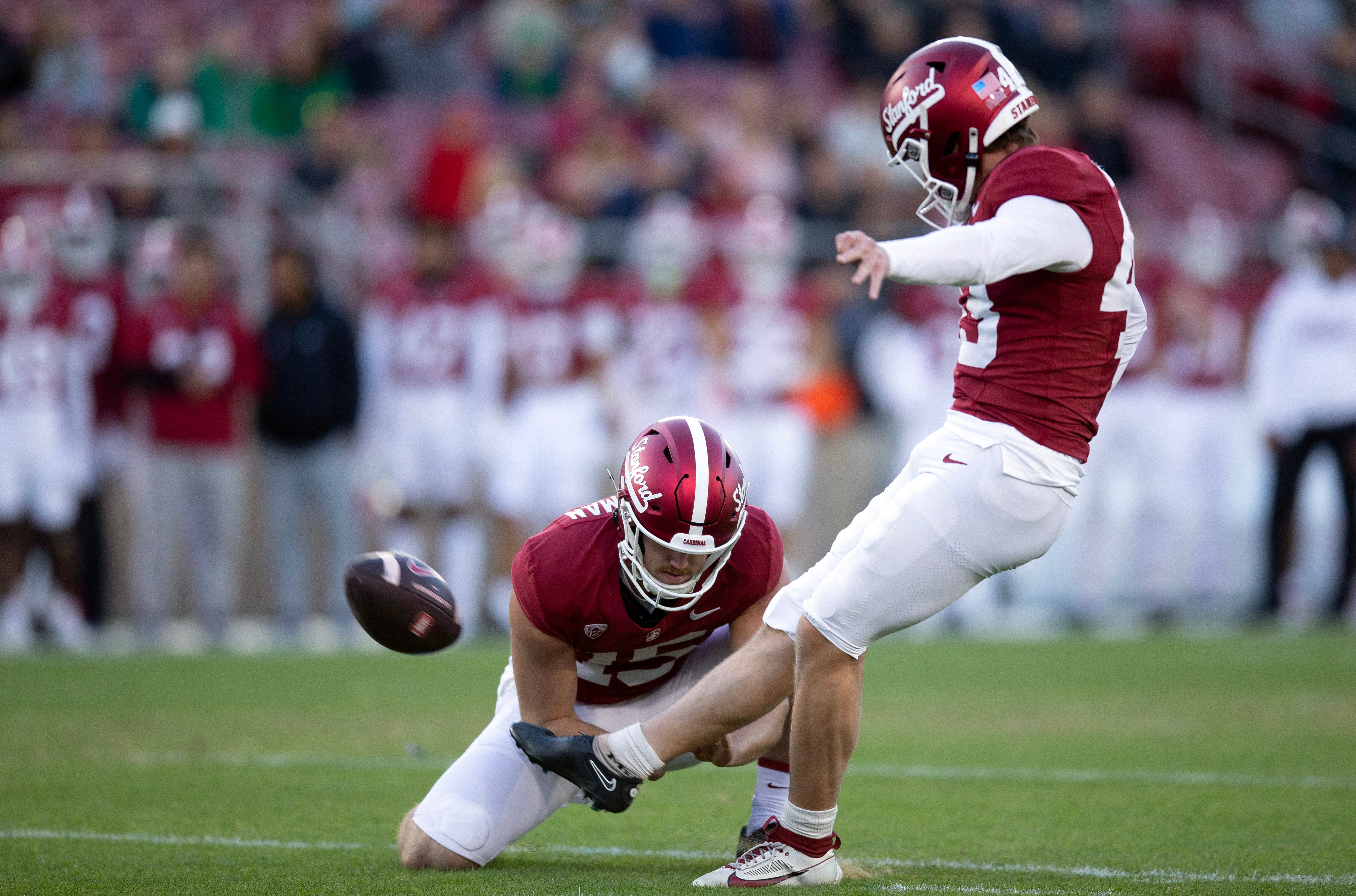 Nov 25, 2023; Stanford, California, USA; Stanford Cardinal kicker Joshua Karty (43) kicks a field goal against the Notre Dame Fighting Irish during the first quarter at Stanford Stadium.