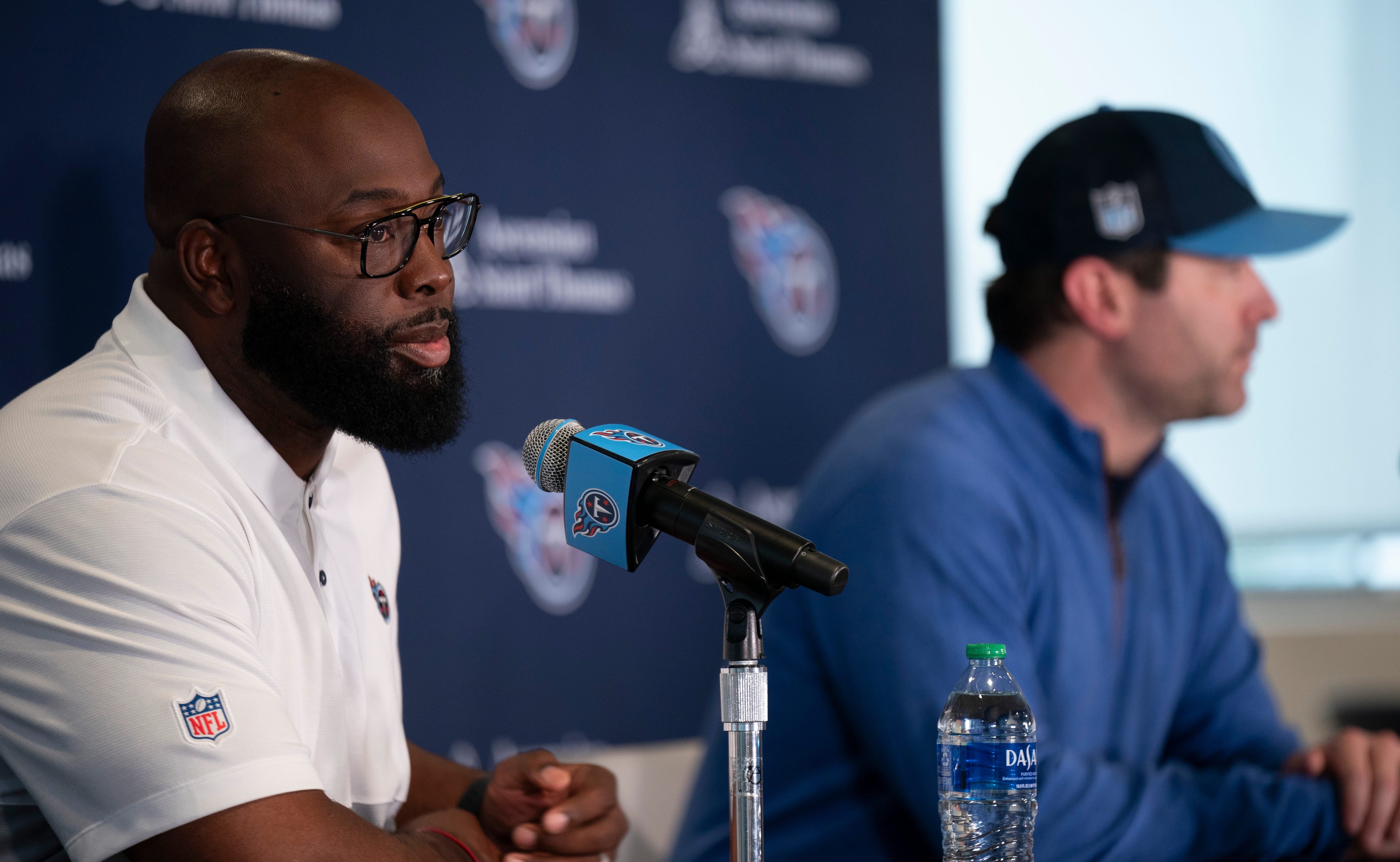 The Tennessee Titans General Manager Ran Carthon, left, and Head Coach Brian Callahan introduce first-round draft pick JC Latham at the teams Ascension Saint Thomas Sports Park facility in Nashville, ... Denny Simmons / The Tennessean-USA TODAY NETWORK