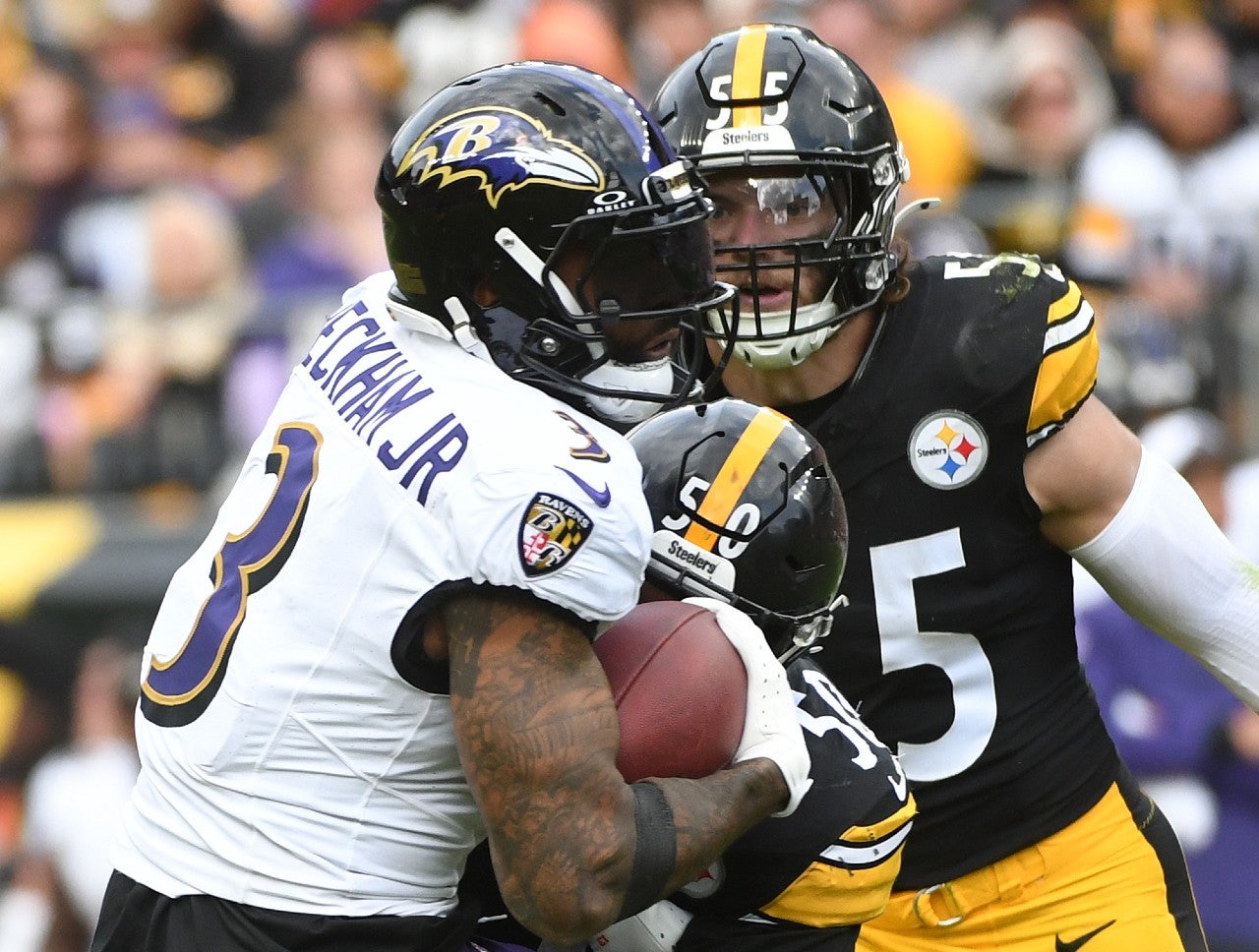 Oct 8, 2023; Pittsburgh, Pennsylvania, USA; Baltimore Ravens wide receiver Odell Beckham Jr. (3) is tackled by Pittsburgh Steelers linebacker Elandon Roberts (50) as linebacker Cole Holcomb (55) closes in on the play during the fourth quarter at Acrisure Stadium. The Steelers won 17-10. Mandatory Credit: Philip G. Pavely-USA TODAY Sports
