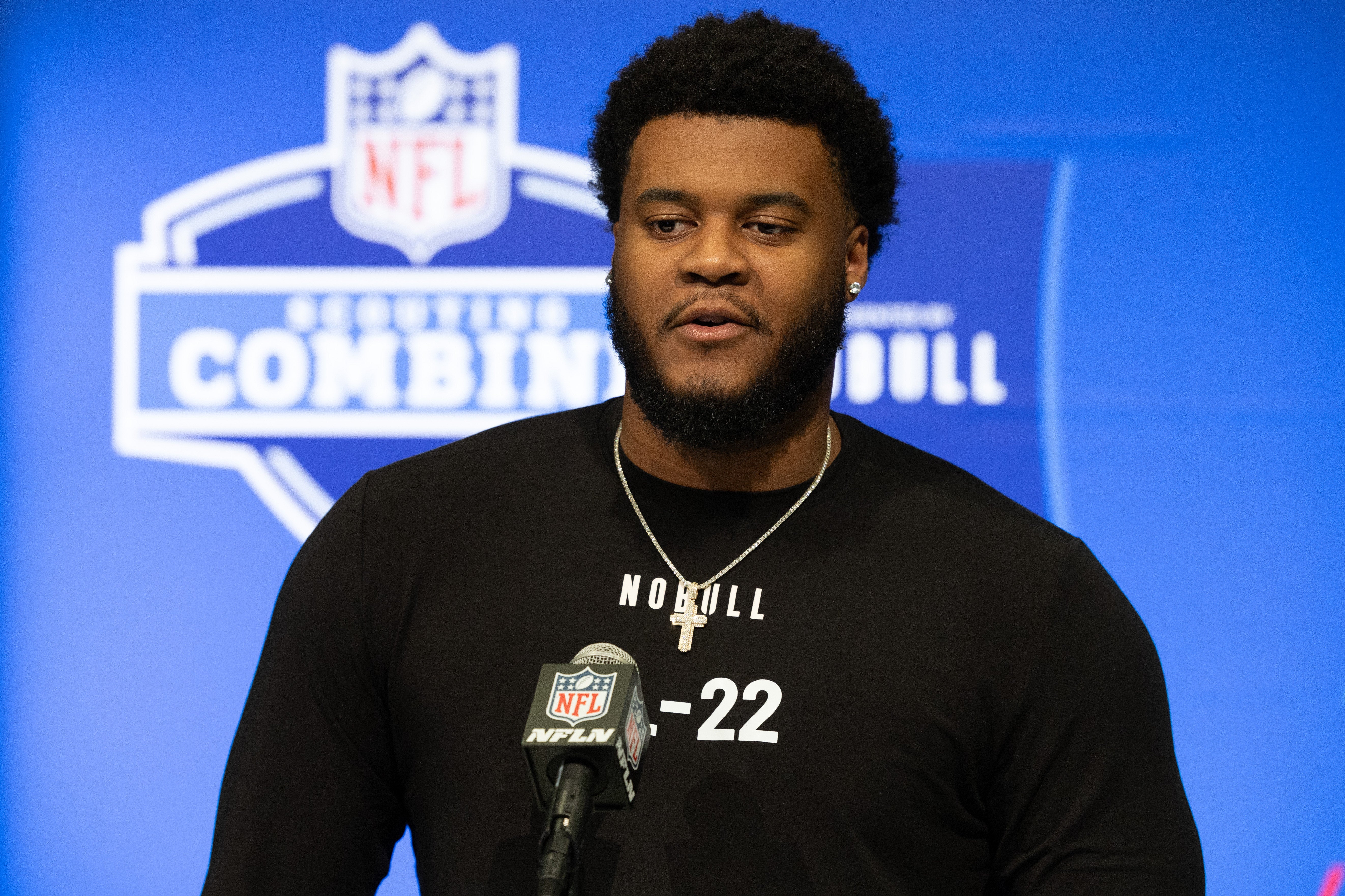 Feb 28, 2024; Indianapolis, IN, USA; Illinois defensive lineman Keith Randolph (DL22) talks to the media at the 2024 NFL Combine at Indiana Convention Center.