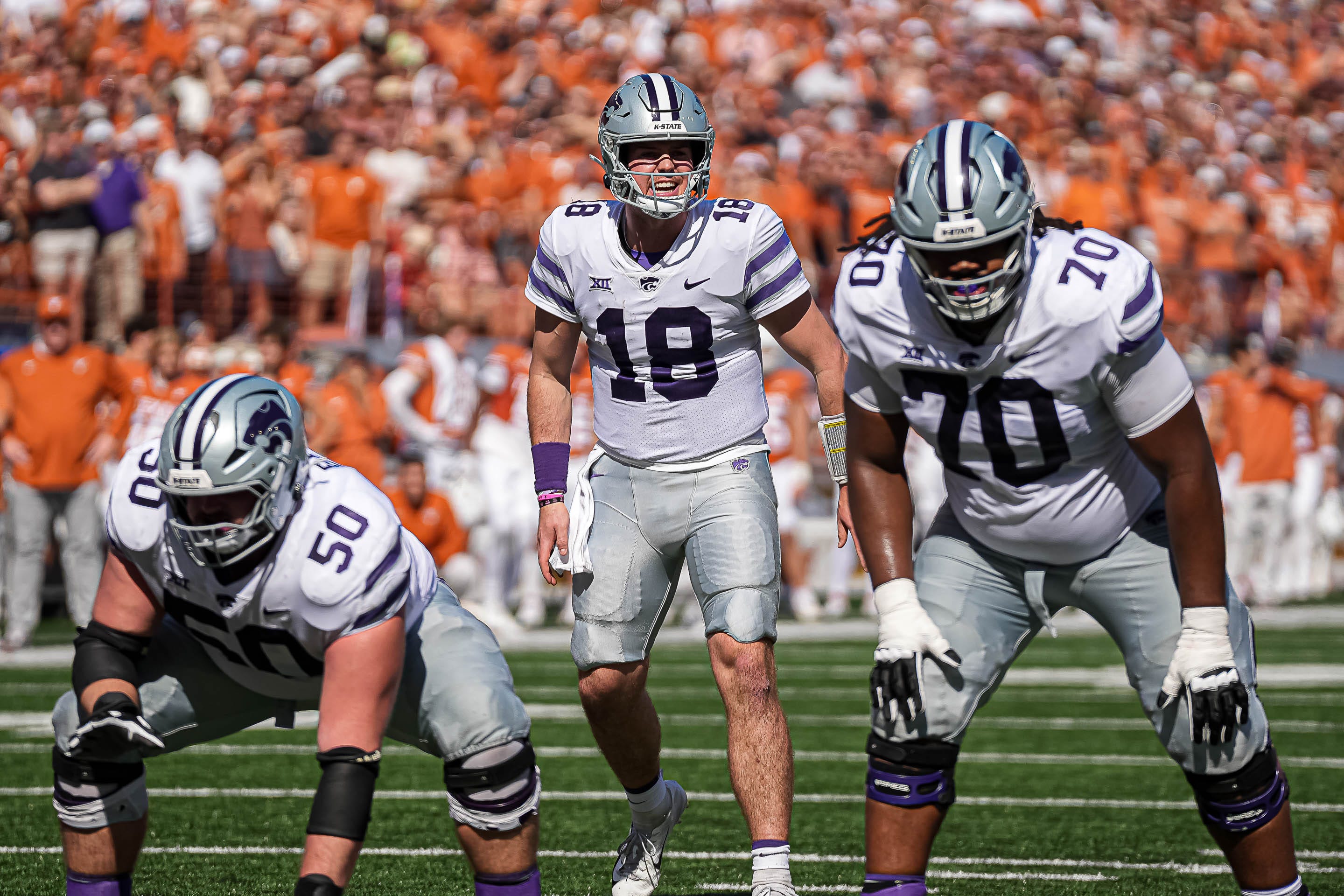 Kansas State quarterback Will Howard (18) yells orders at his teammates during the game against the Texas Longhorns at Royal-Memorial Stadium on Saturday, Nov. 4, 2023 in Austin.