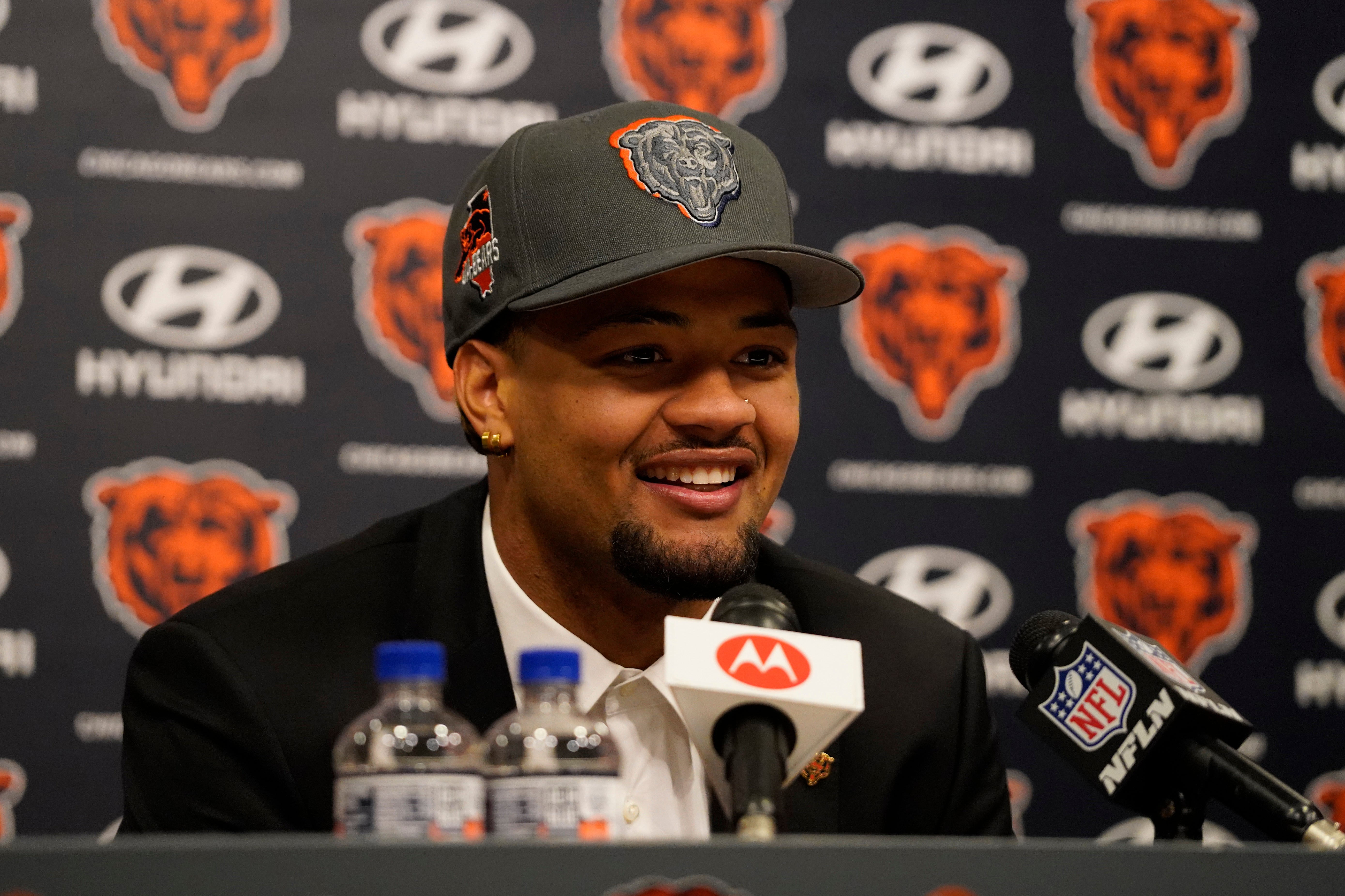 Apr 26, 2024; Lake Forest, IL, USA; Chicago Bears first round draft choice and number nine overall pick Rome Odunze speaks at a press conference at Halas Hall.