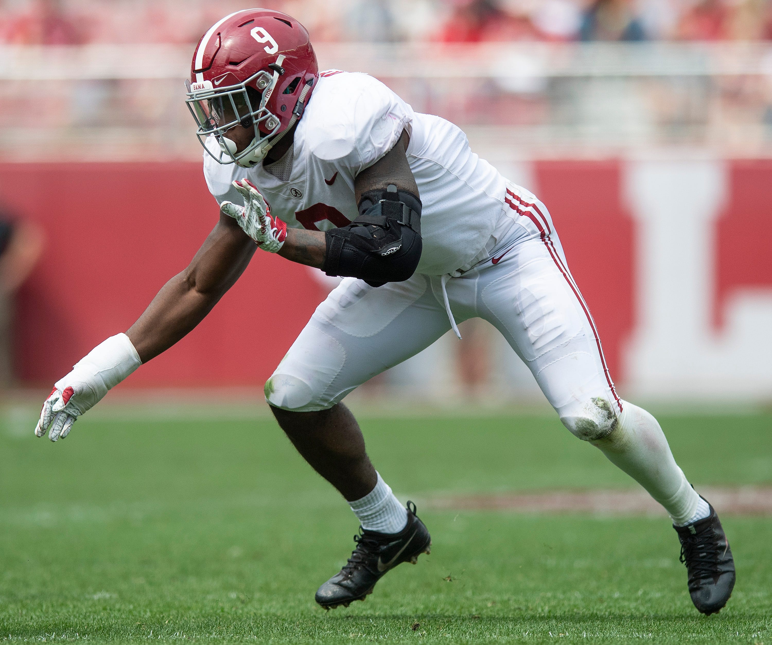 Alabama linebacker Eyabi Anoma (9) during the second half in the Alabama A-Day spring football scrimmage game at Bryant Denny Stadium in Tuscaloosa, Ala., on Saturday, April 13, 2019. Anoma01