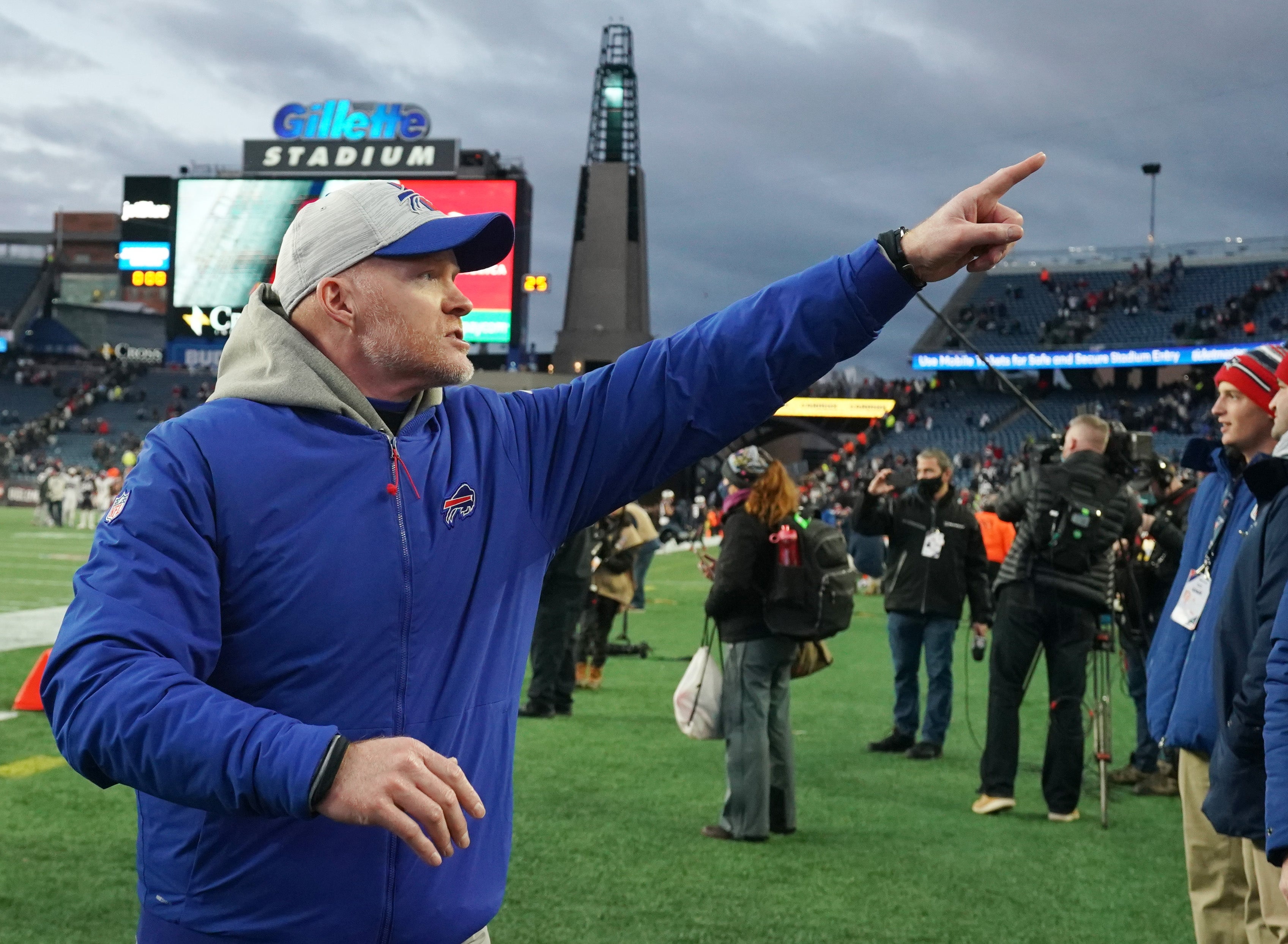 Dec 26, 2021; Foxborough, Massachusetts, USA; Buffalo Bills head coach Sean McDermott reacts to the crowd after defeating the New England Patriots at Gillette Stadium.