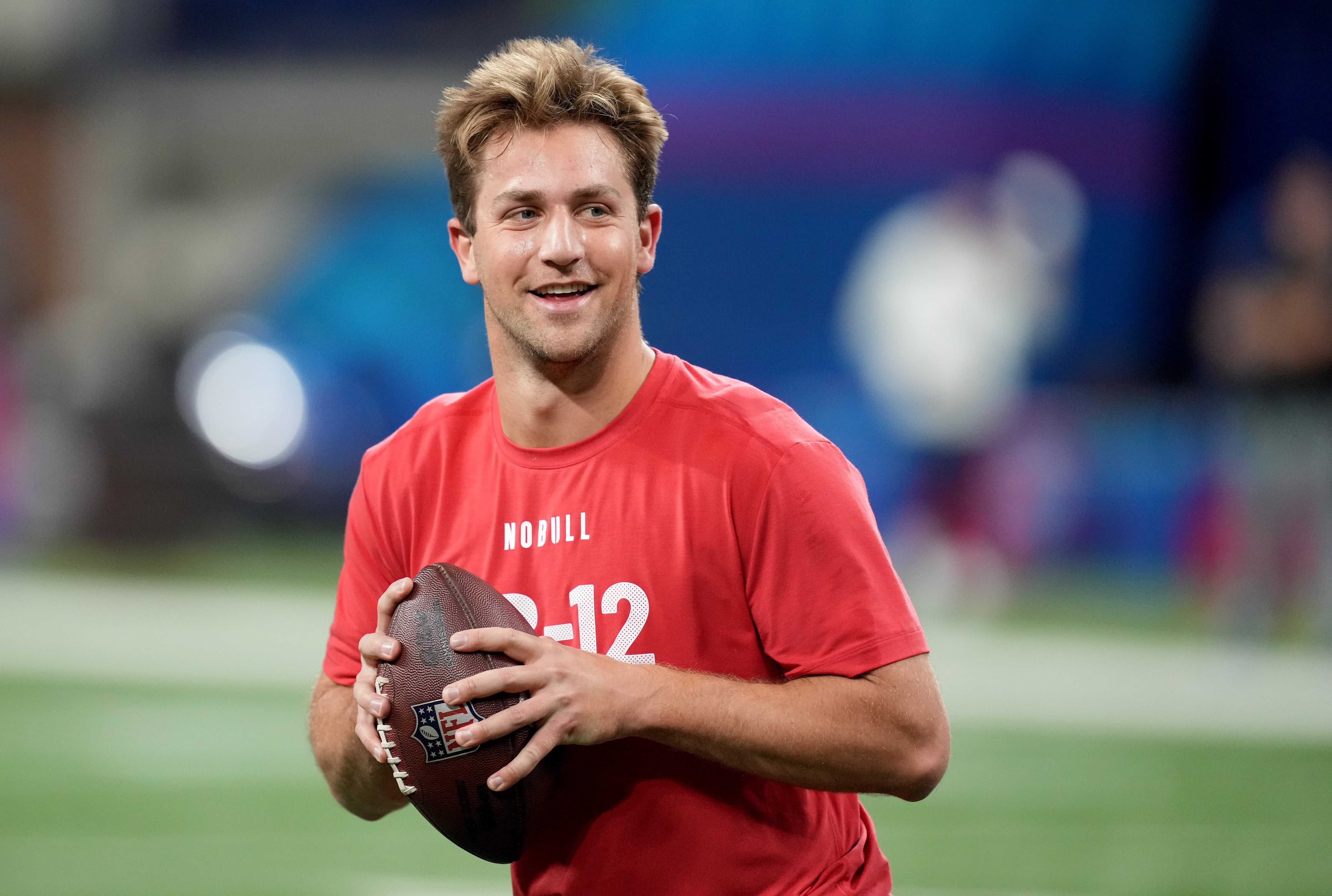 Mar 2, 2024; Indianapolis, IN, USA; Brigham Young quarterback Kedon Slovis (QB12) during the 2024 NFL Combine at Lucas Oil Stadium.