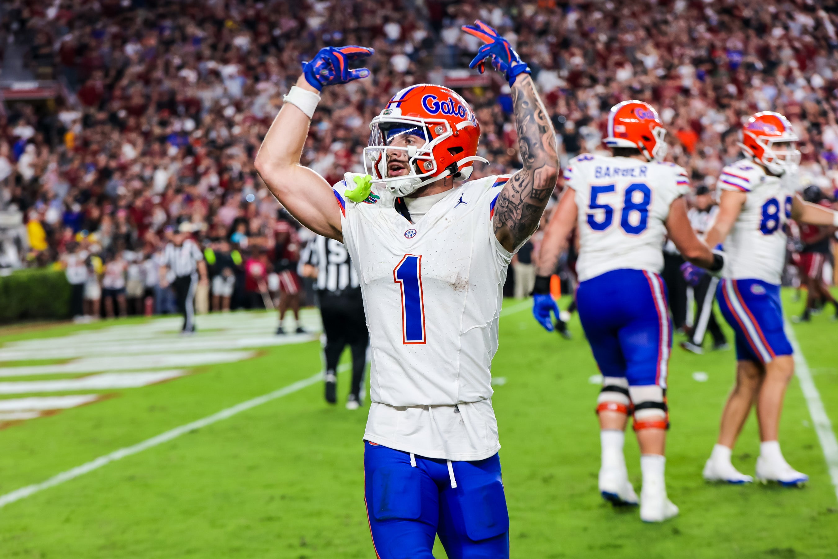 Oct 14, 2023; Columbia, South Carolina, USA; Florida Gators wide receiver Ricky Pearsall (1) celebrates after making the game-winning touchdown against the South Carolina Gamecocks in the fourth quarter at Williams-Brice Stadium.