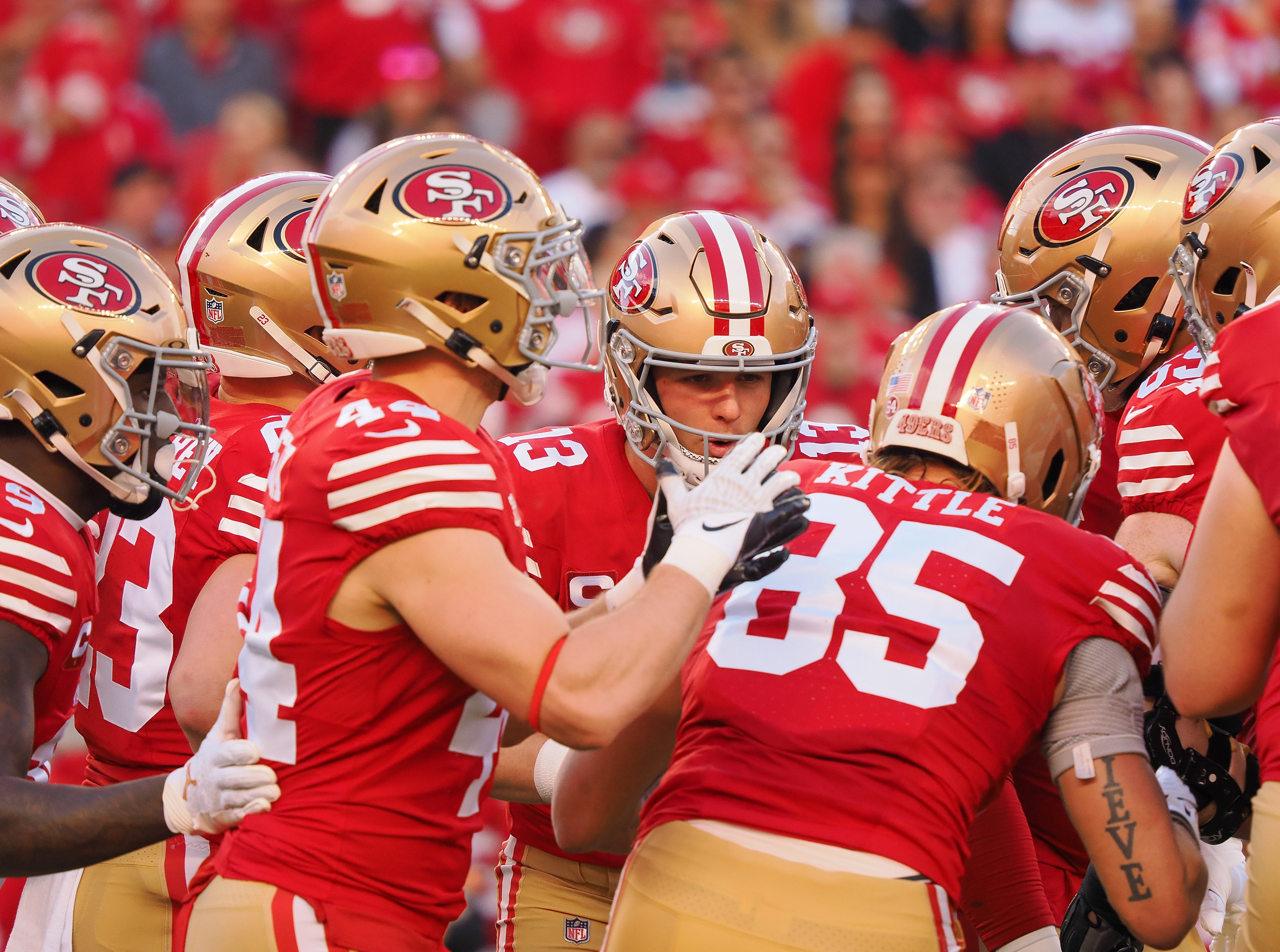 Jan 28, 2024; Santa Clara, California, USA; San Francisco 49ers quarterback Brock Purdy (13) huddles with teammates against the Detroit Lions during the first half of the NFC Championship football game at Levi's Stadium.