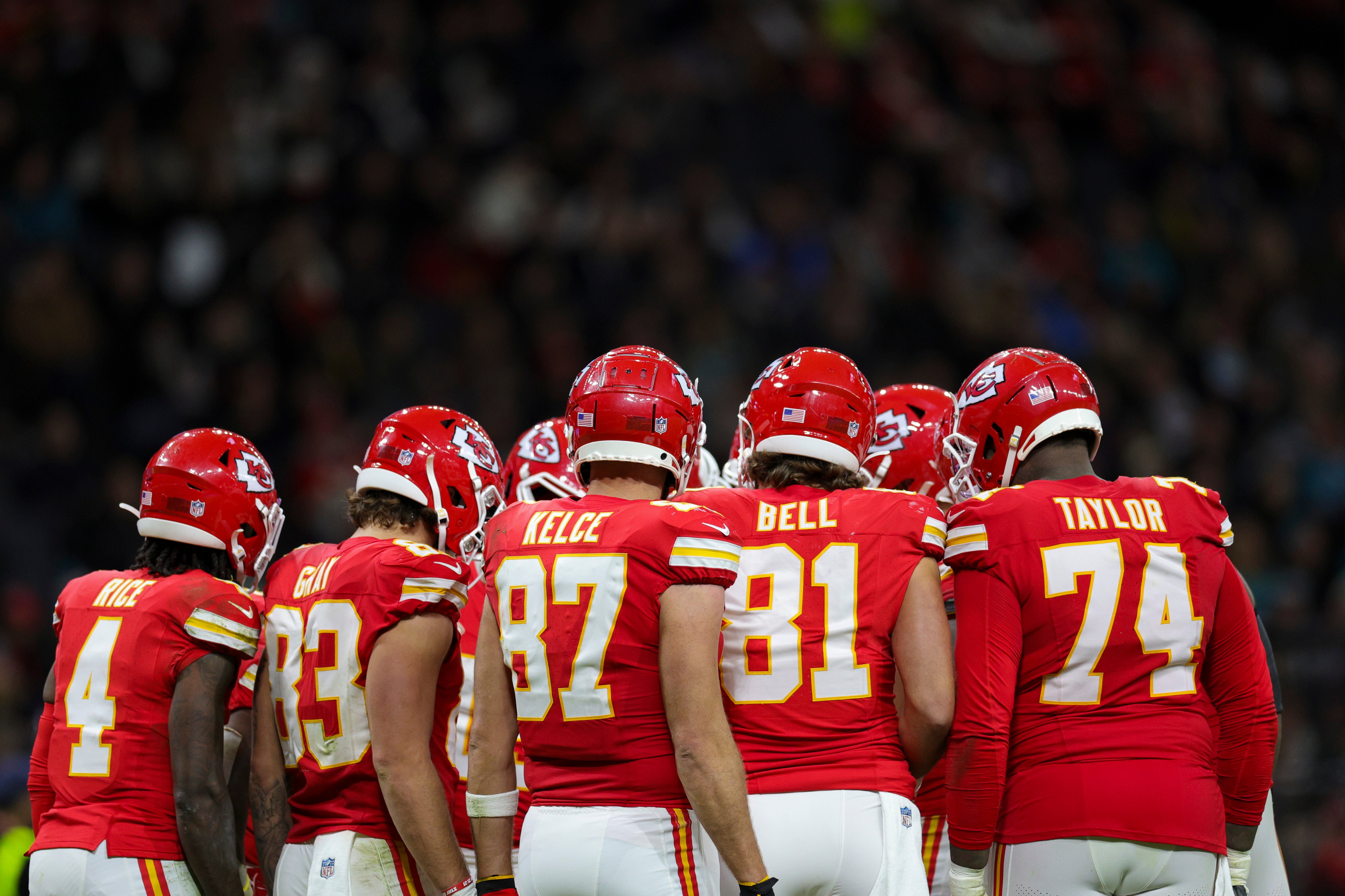 Nov 5, 2023; Frankfurt, Germany, ; Kansas City Chiefs tight end Travis Kelce (87) joins a huddle against the Miami Dolphins in the fourth quarter during an NFL International Series game at Deutsche Bank Park.