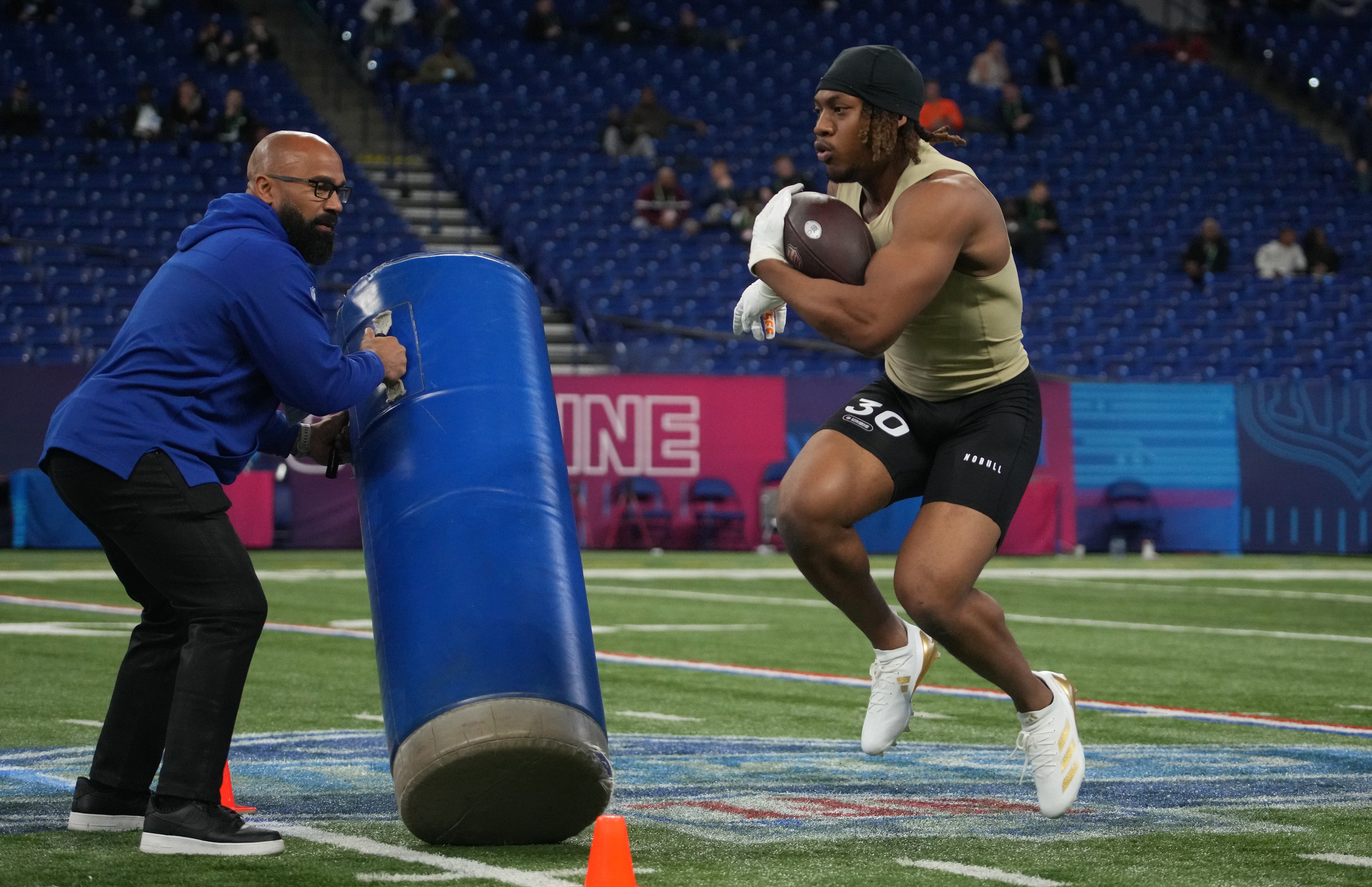 Mar 2, 2024; Indianapolis, IN, USA; Tennessee running back Jaylen Wright (RB30) during the 2024 NFL Combine at Lucas Oil Stadium.