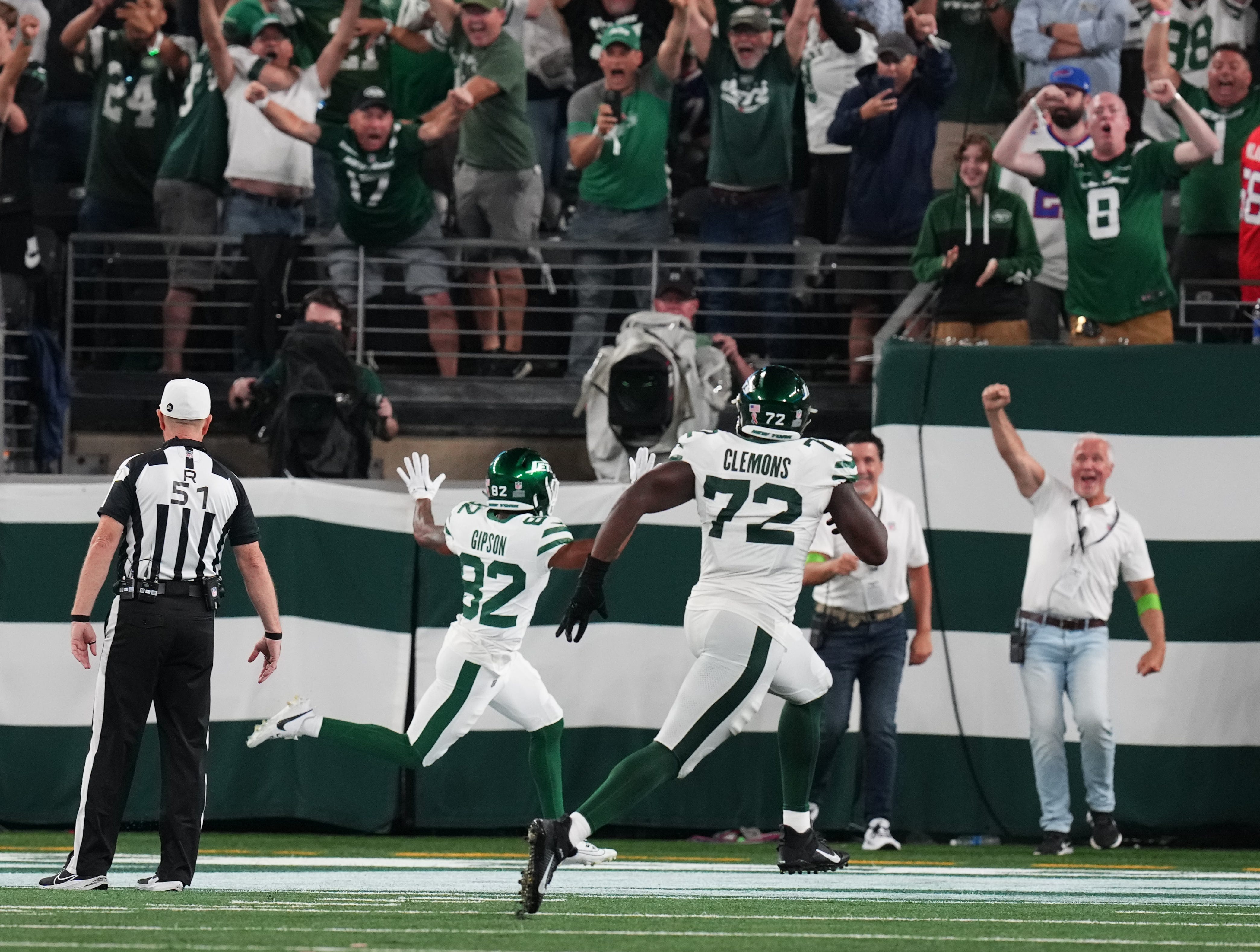 New York Jets wide receiver Xavier Gipson (82) returns a punt for a touchdown in overtime, defeating the Buffalo Bills, 22-16, in the home opener at MetLife Stadium on Monday, Sept. 11, 2023, in East Rutherford.
