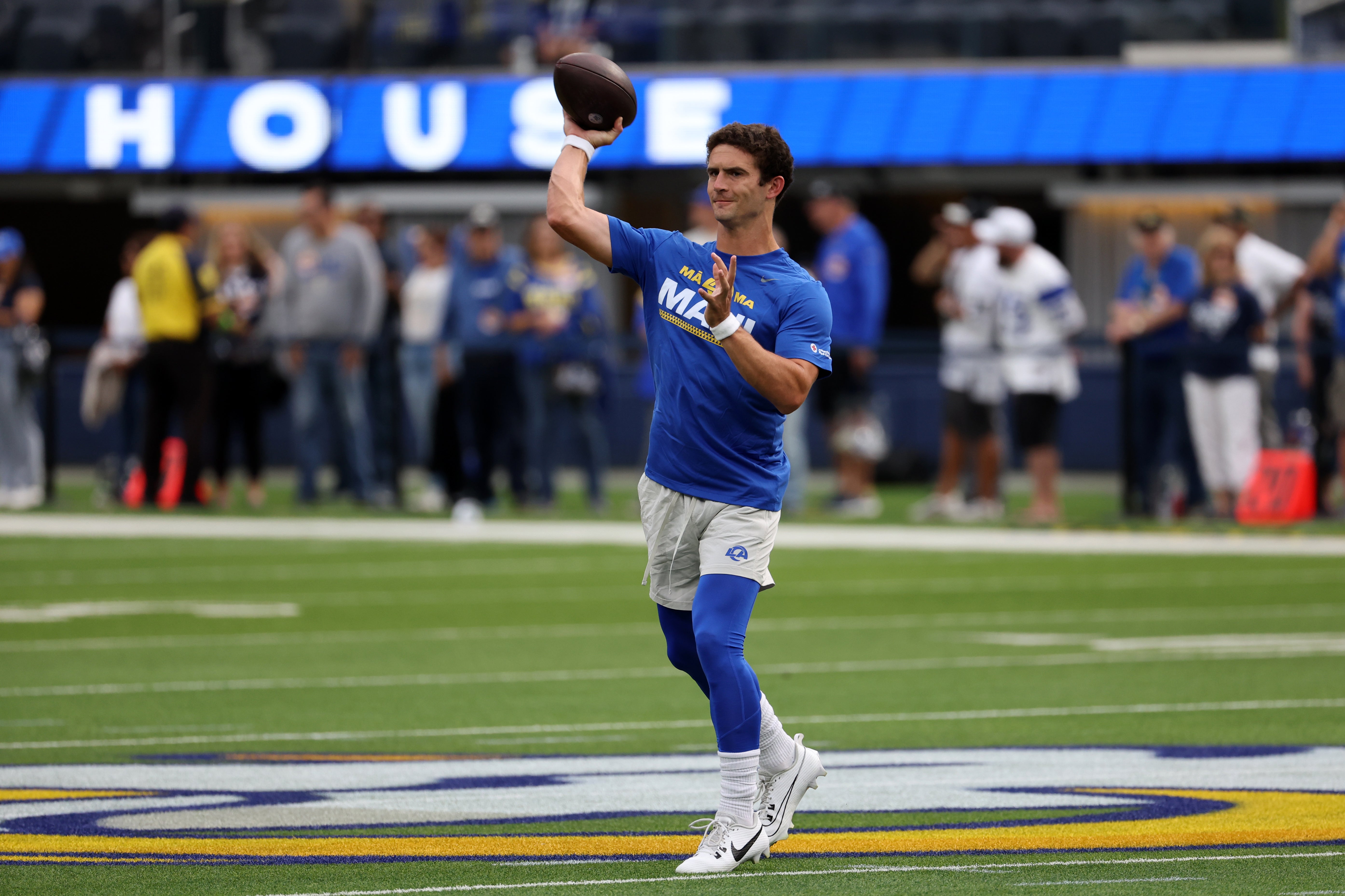 Aug 19, 2023; Inglewood, California, USA; Los Angeles Rams quarterback Stetson Bennett (13) warms up before the game against the Las Vegas Raiders at SoFi Stadium.