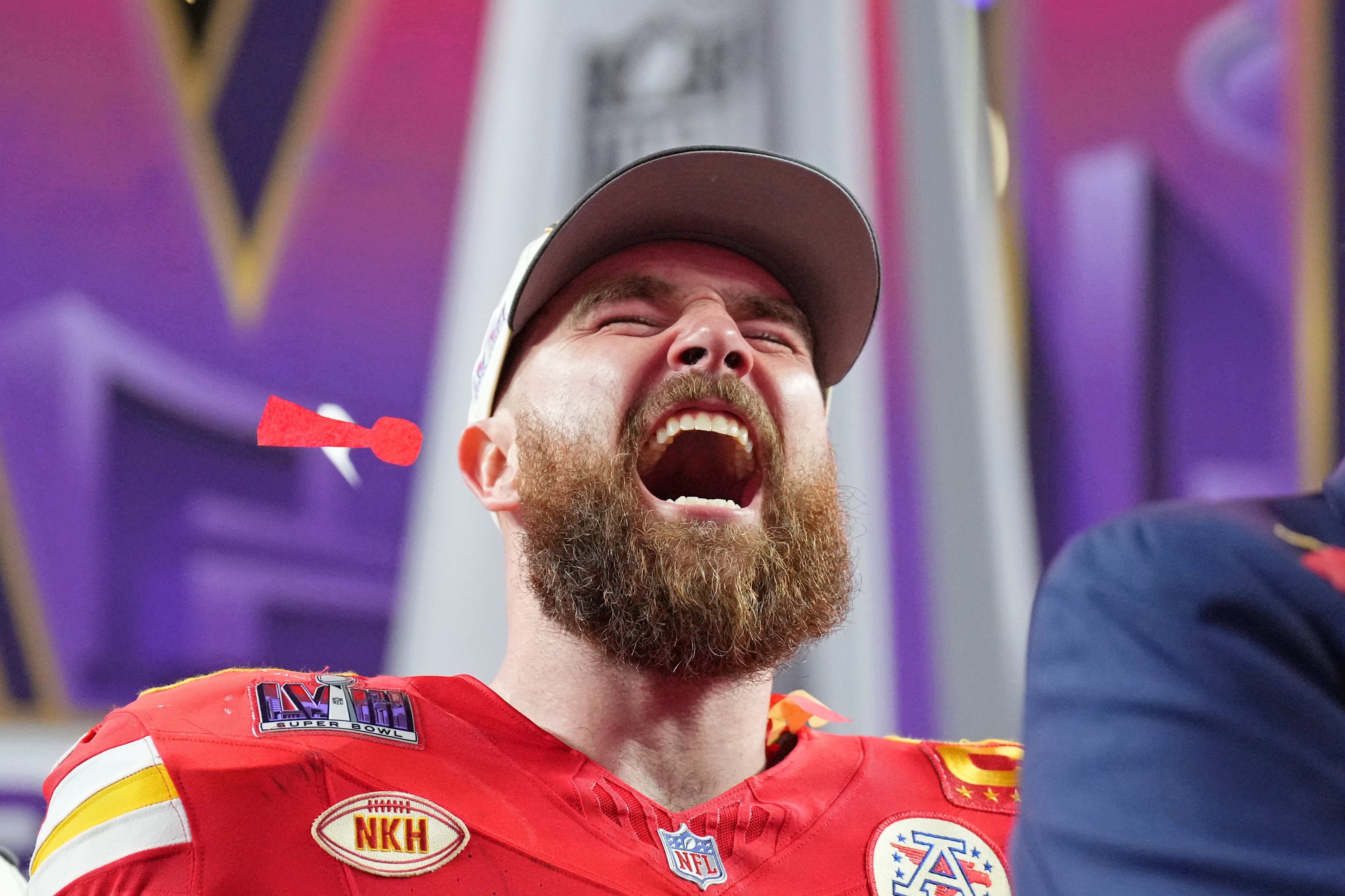 Feb 11, 2024; Paradise, Nevada, USA; Kansas City Chiefs tight end Travis Kelce (87) celebrates after winning Super Bowl LVIII against the San Francisco 49ers at Allegiant Stadium.