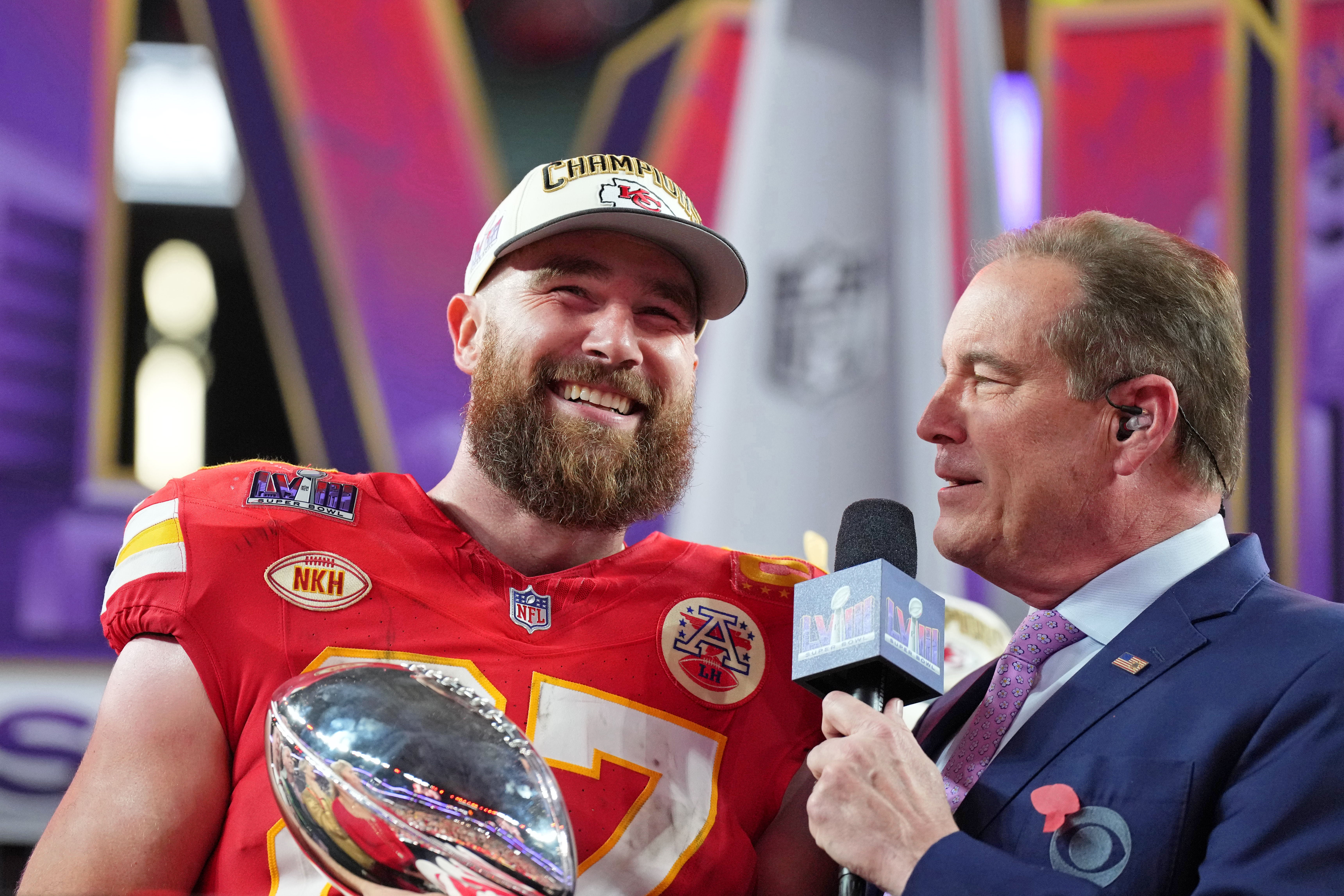 Feb 11, 2024; Paradise, Nevada, USA; Kansas City Chiefs tight end Travis Kelce (87) celebrates after winning Super Bowl LVIII against the San Francisco 49ers at Allegiant Stadium.