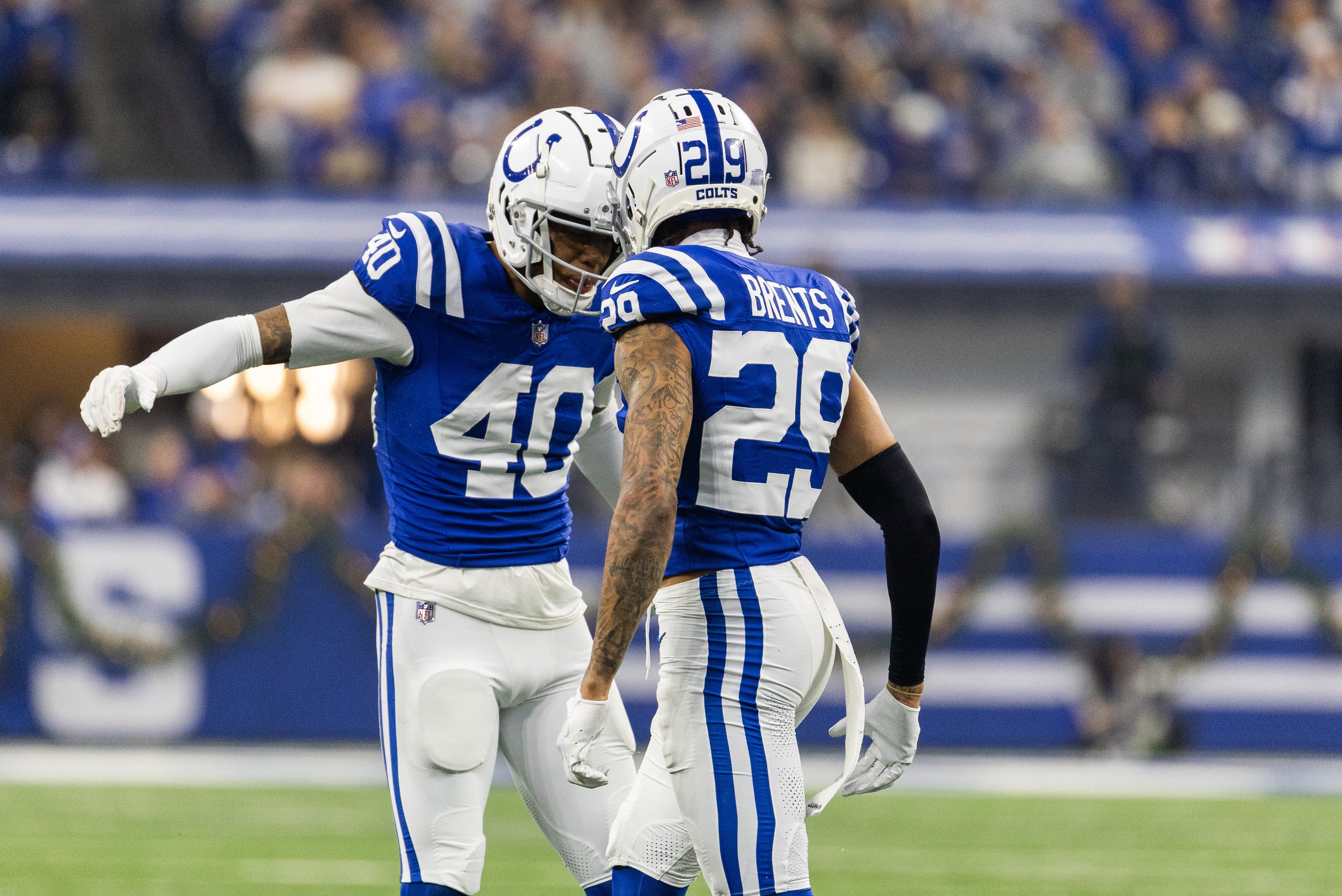 Dec 31, 2023; Indianapolis, Indiana, USA; Indianapolis Colts cornerback JuJu Brents (29) celebrates his pass break up with cornerback Jaylon Jones (40) in the first quarter against the Las Vegas Raiders at Lucas Oil Stadium.