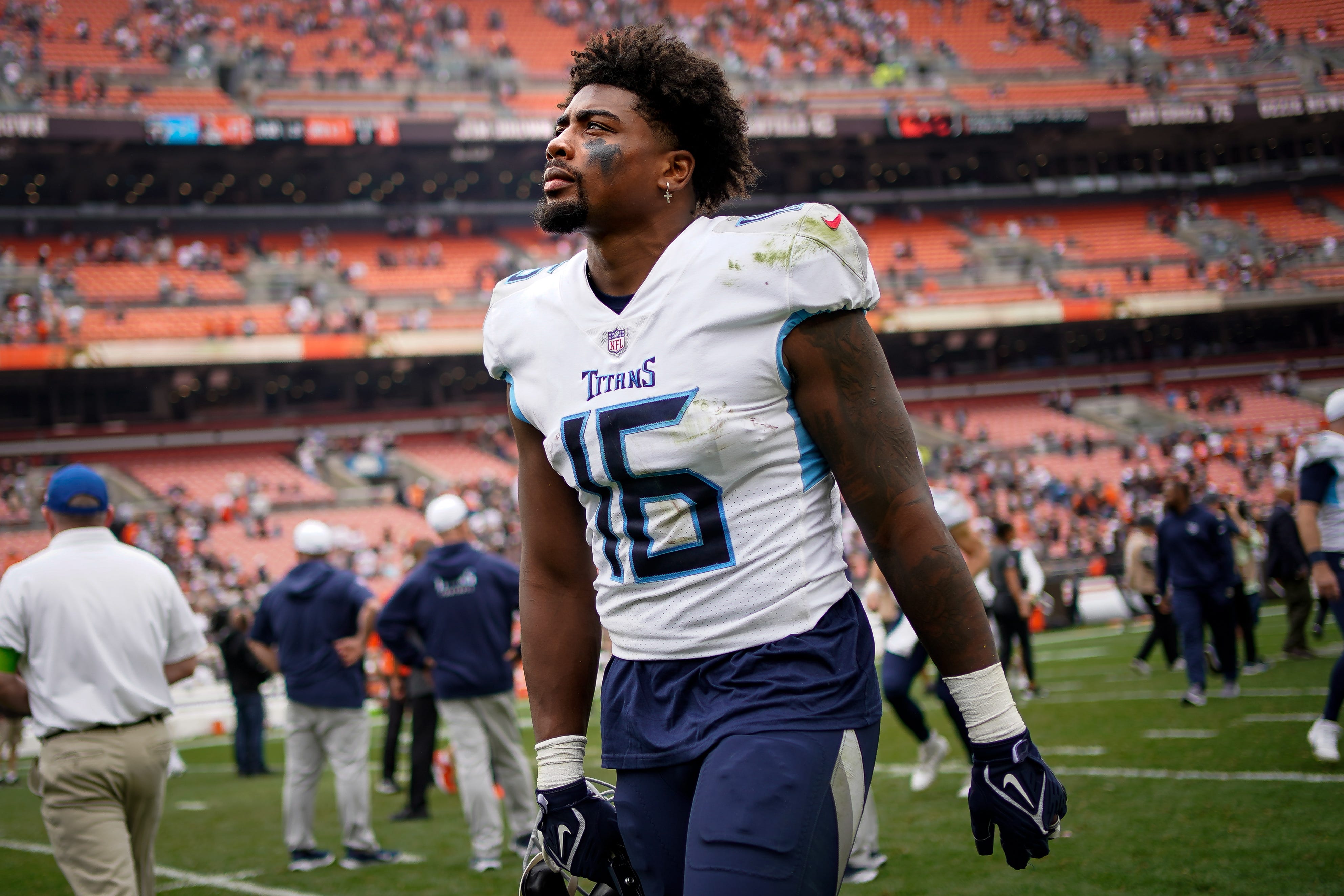 Tennessee Titans wide receiver Treylon Burks exits the field after losing to the Cleveland Browns 27-3 in Cleveland, Ohio, Sunday, Sept. 24, 2023.