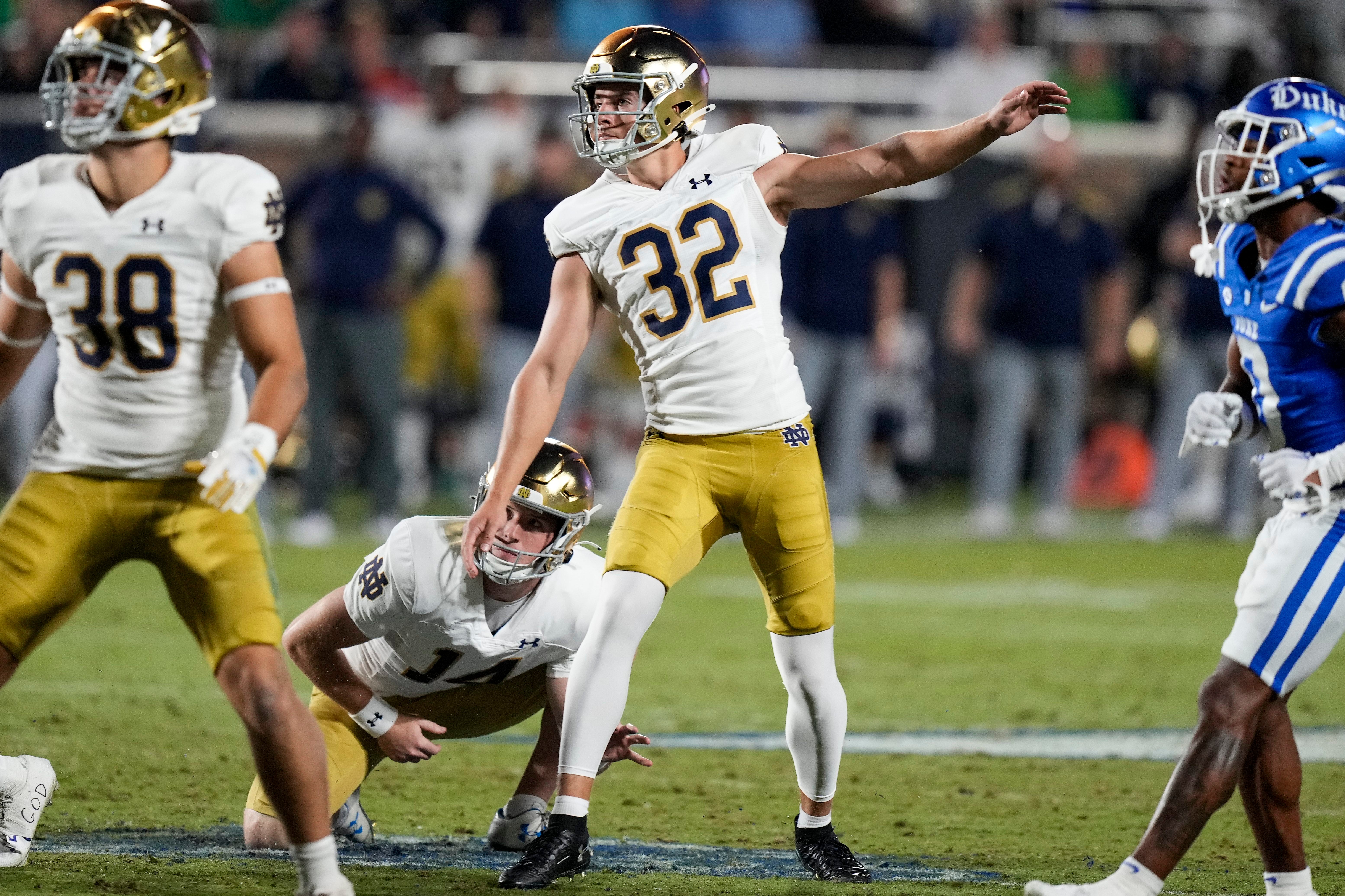 Sep 30, 2023; Durham, North Carolina, USA; Notre Dame Fighting Irish place kicker Spencer Shrader (32) reacts to his kick during the second half against the Duke Blue Devils at Wallace Wade Stadium.