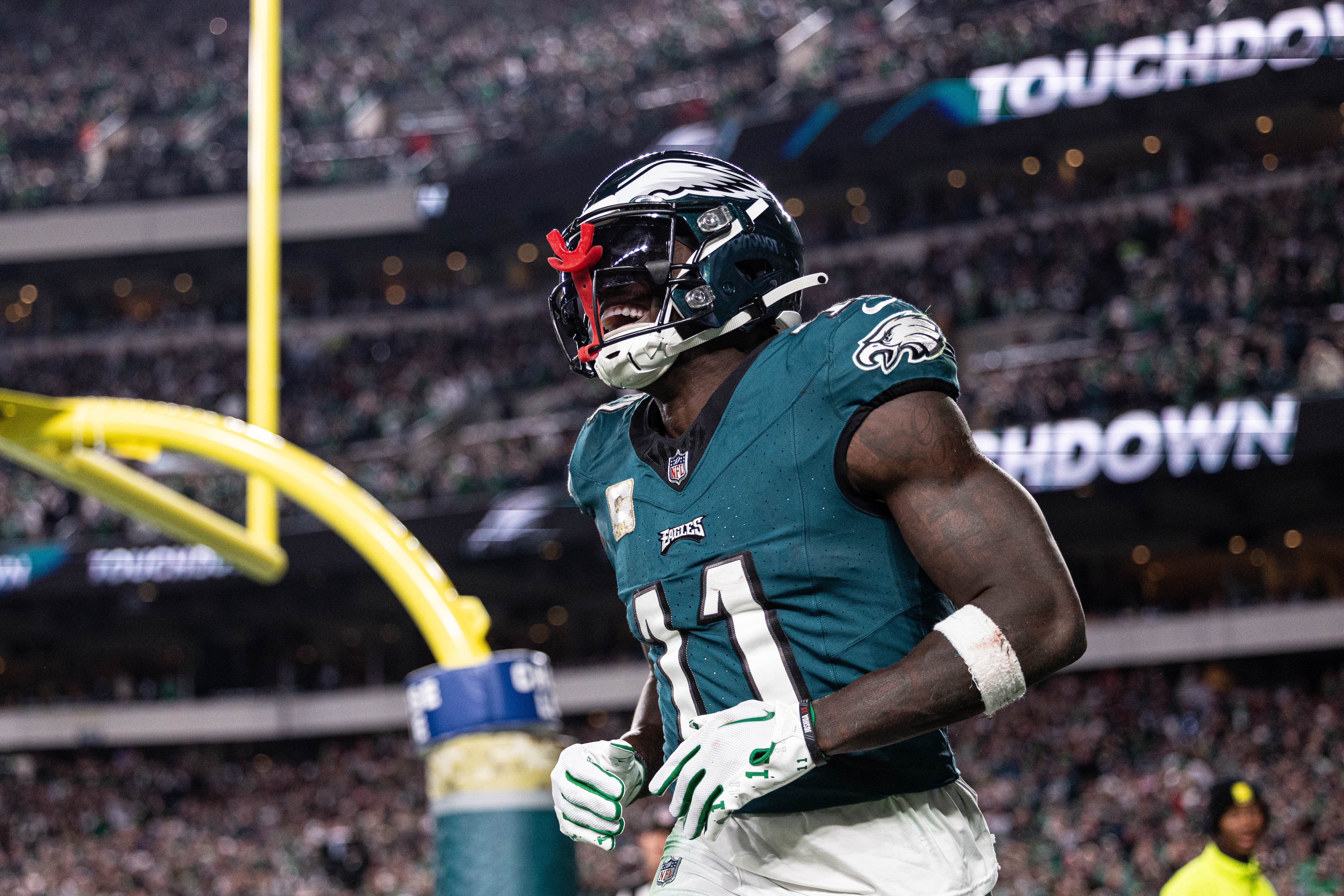 Philadelphia Eagles wide receiver A.J. Brown (11) reacts after his touchdown catch against the Dallas Cowboys during the third quarter at Lincoln Financial Field.
