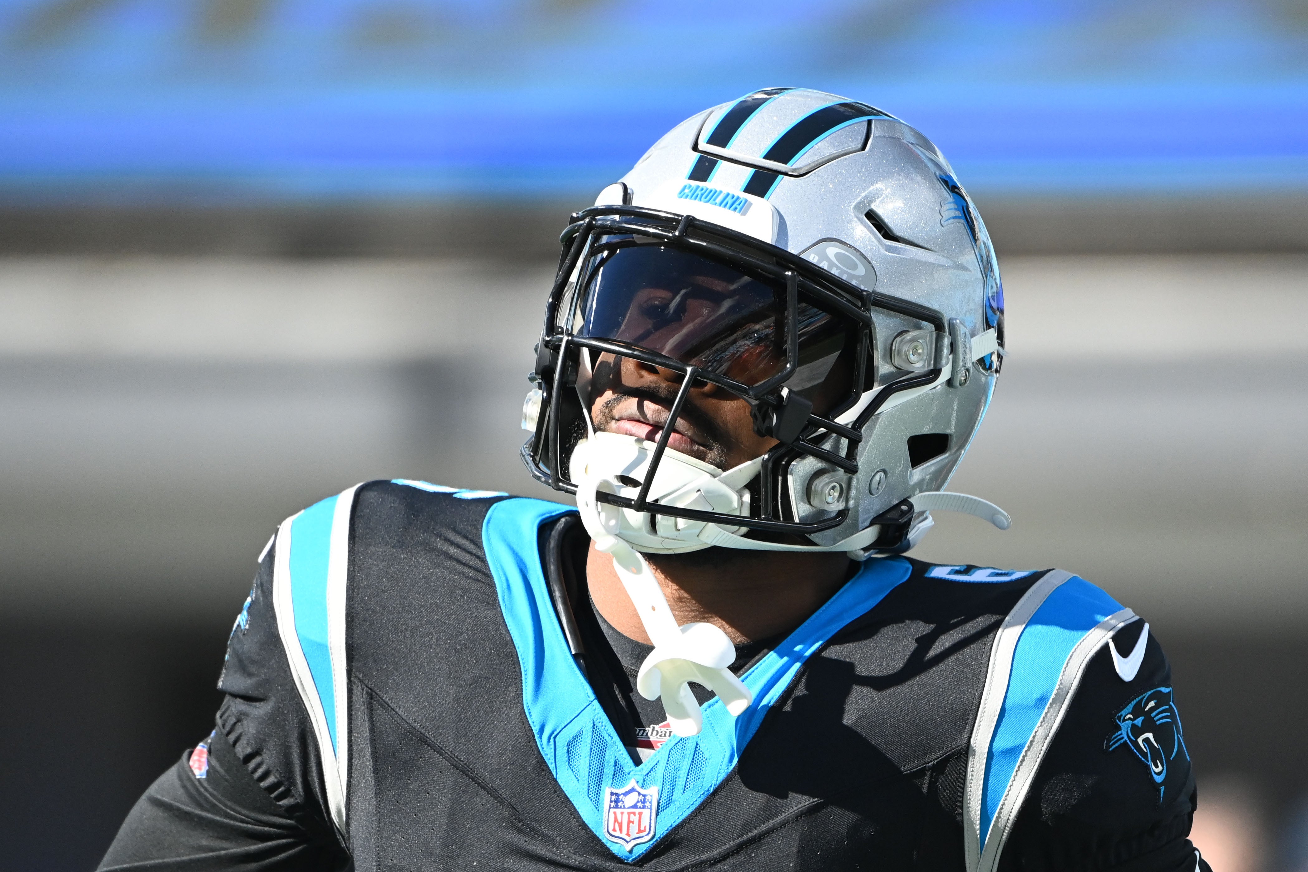 Jan 7, 2024; Charlotte, North Carolina, USA; Carolina Panthers running back Miles Sanders (6) before the game at Bank of America Stadium. Mandatory Credit: Bob Donnan-USA TODAY Sports