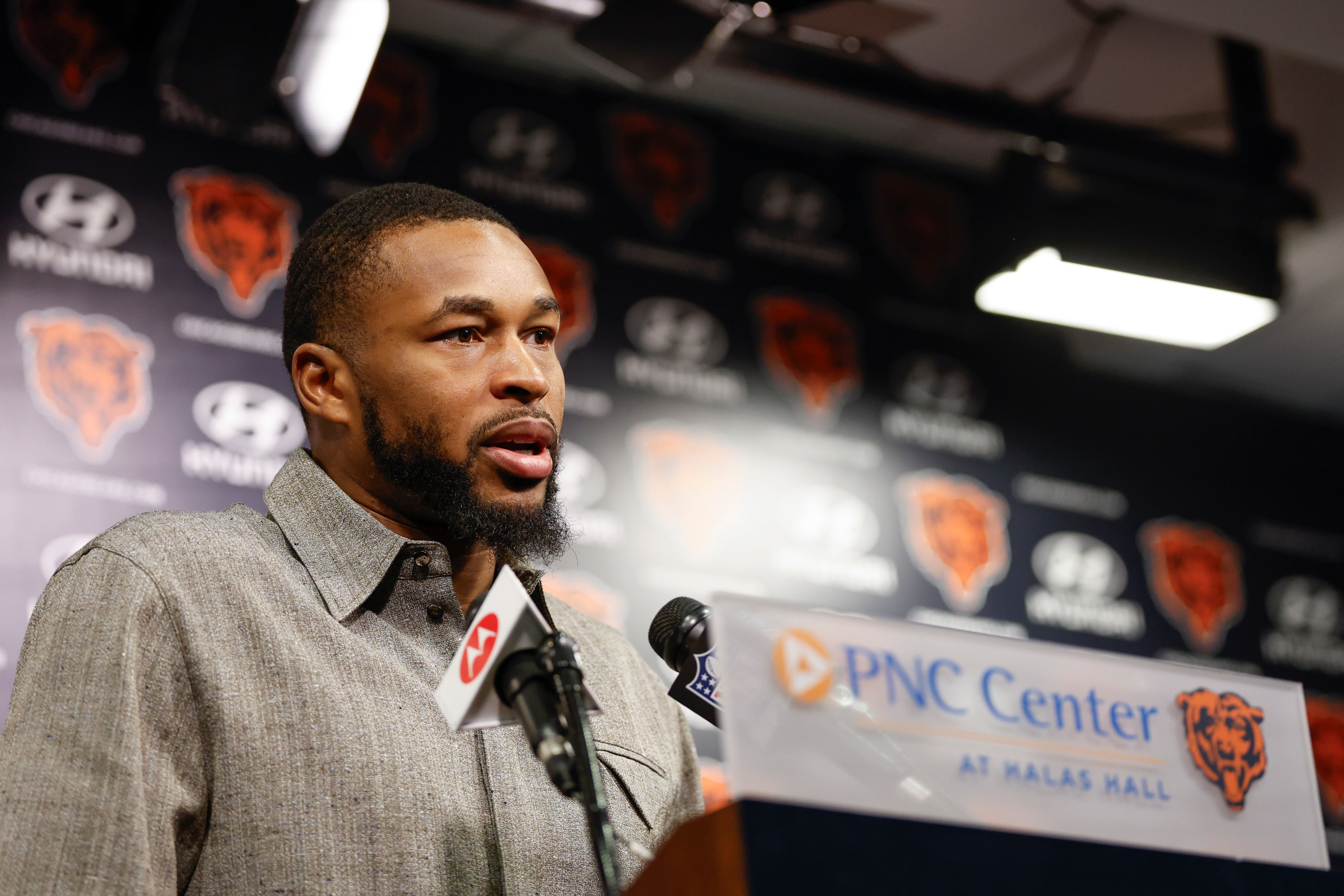 Mar 14, 2024; Lake Forest, IL, USA; Chicago Bears safety Kevin Byard speaks during a press conference at Halas Hall.