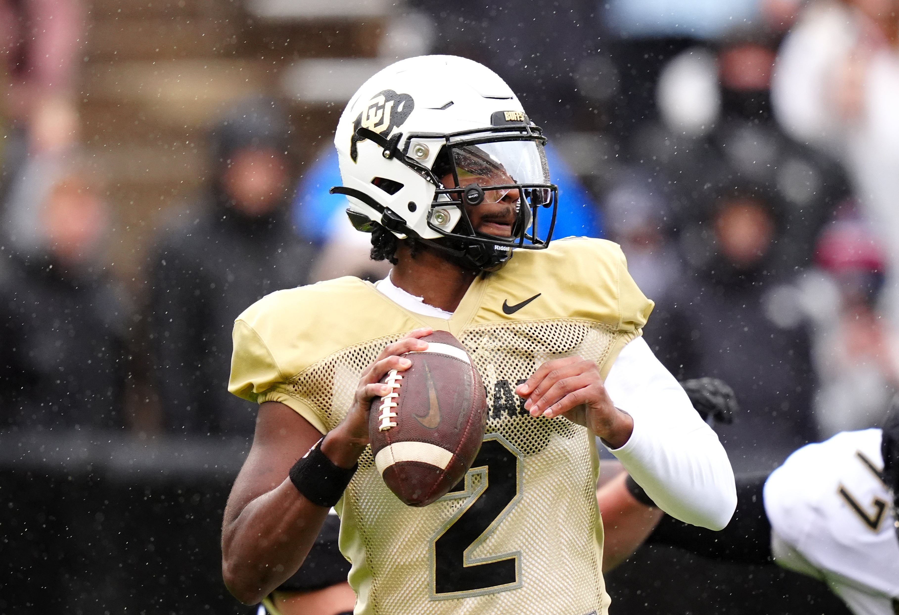 Apr 27, 2024; Boulder, CO, USA; Colorado Buffaloes quarterback Shedeur Sanders (2) during a spring game event at Folsom Field. Mandatory Credit: Ron Chenoy-USA TODAY Sports