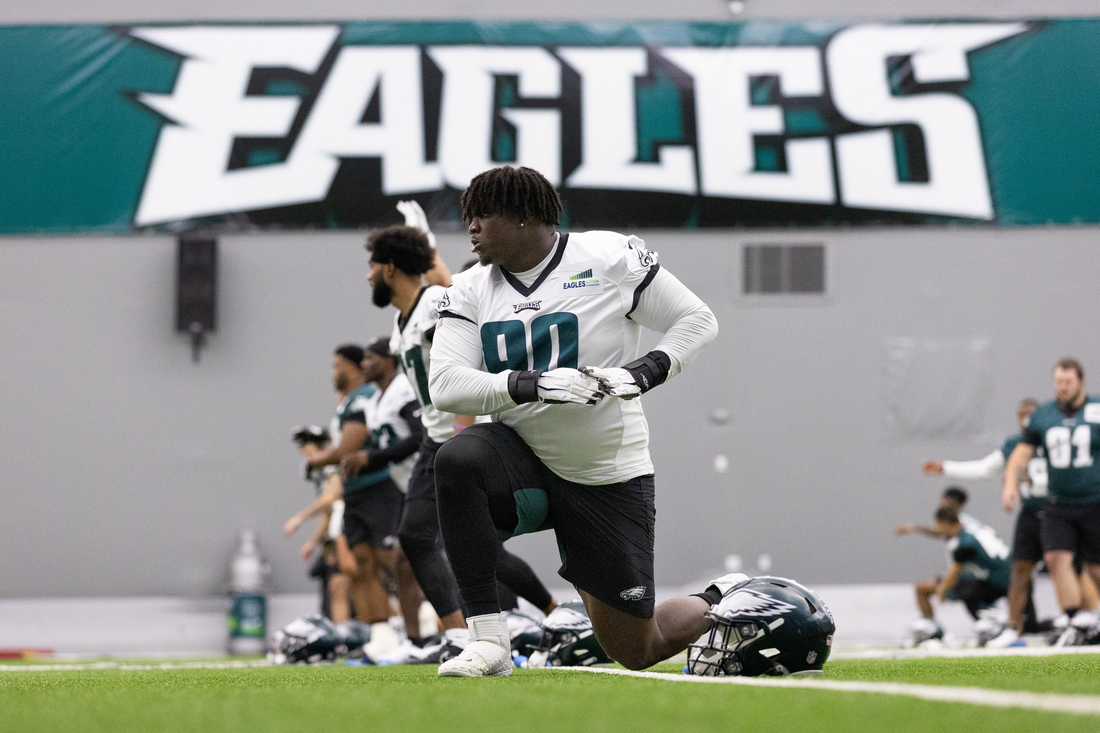 Philadelphia Eagles defensive tackle Jordan Davis (90) stretches during Rookie Minicamp at NovaCare Complex.