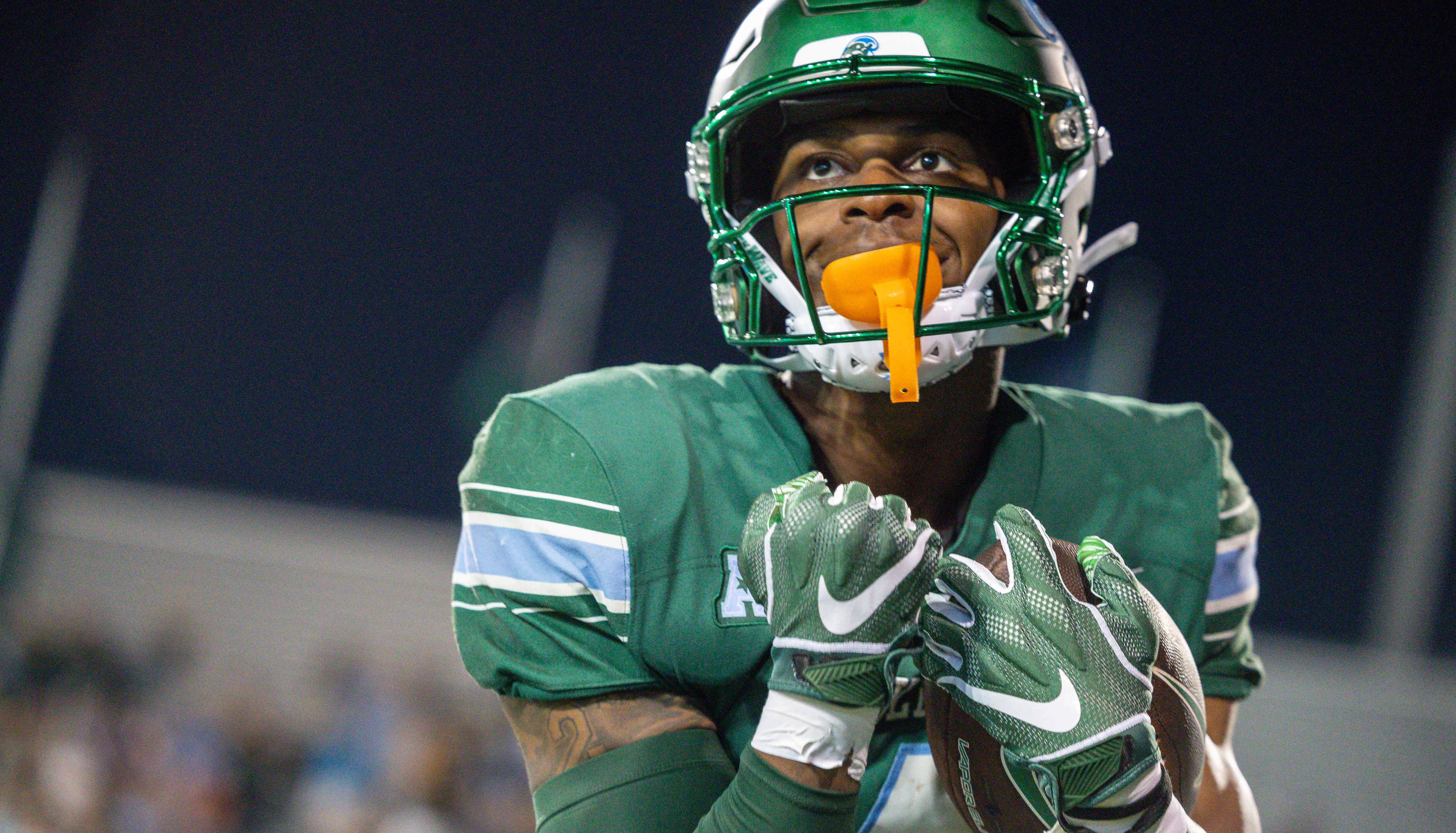 Tulane Green Wave wide receiver Jha'Quan Jackson (4) reacts to scoring a touchdown against the South Alabama Jaguars during the first half at Yulman Stadium. Stephen Lew-USA TODAY Sports