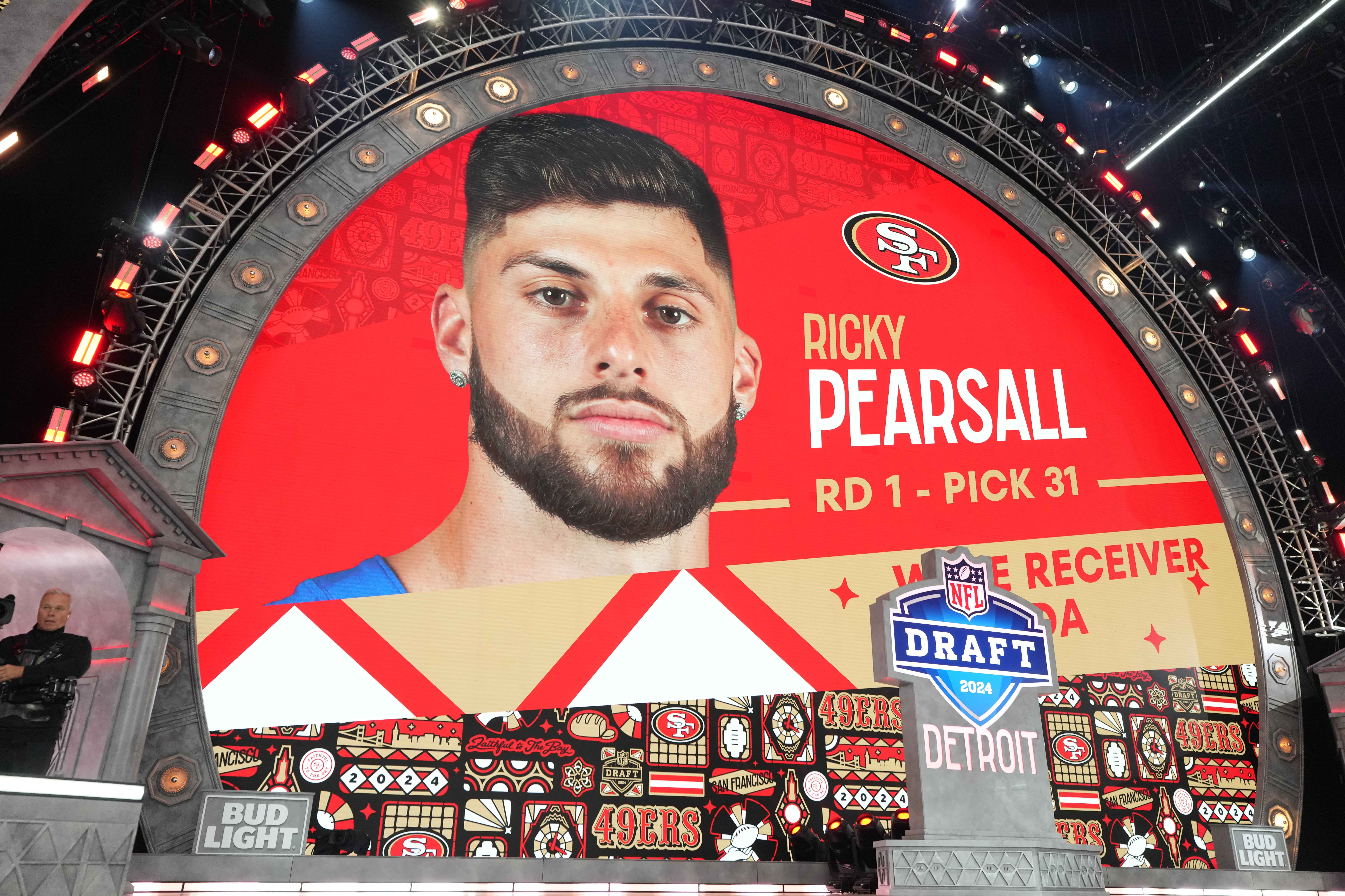 Apr 25, 2024; Detroit, MI, USA; Florida Gators wide receiver Ricky Pearsall is selected as the No. 31 pick of the first round by the San Francisco 49ers during the 2024 NFL Draft at Campus Martius Park and Hart Plaza.