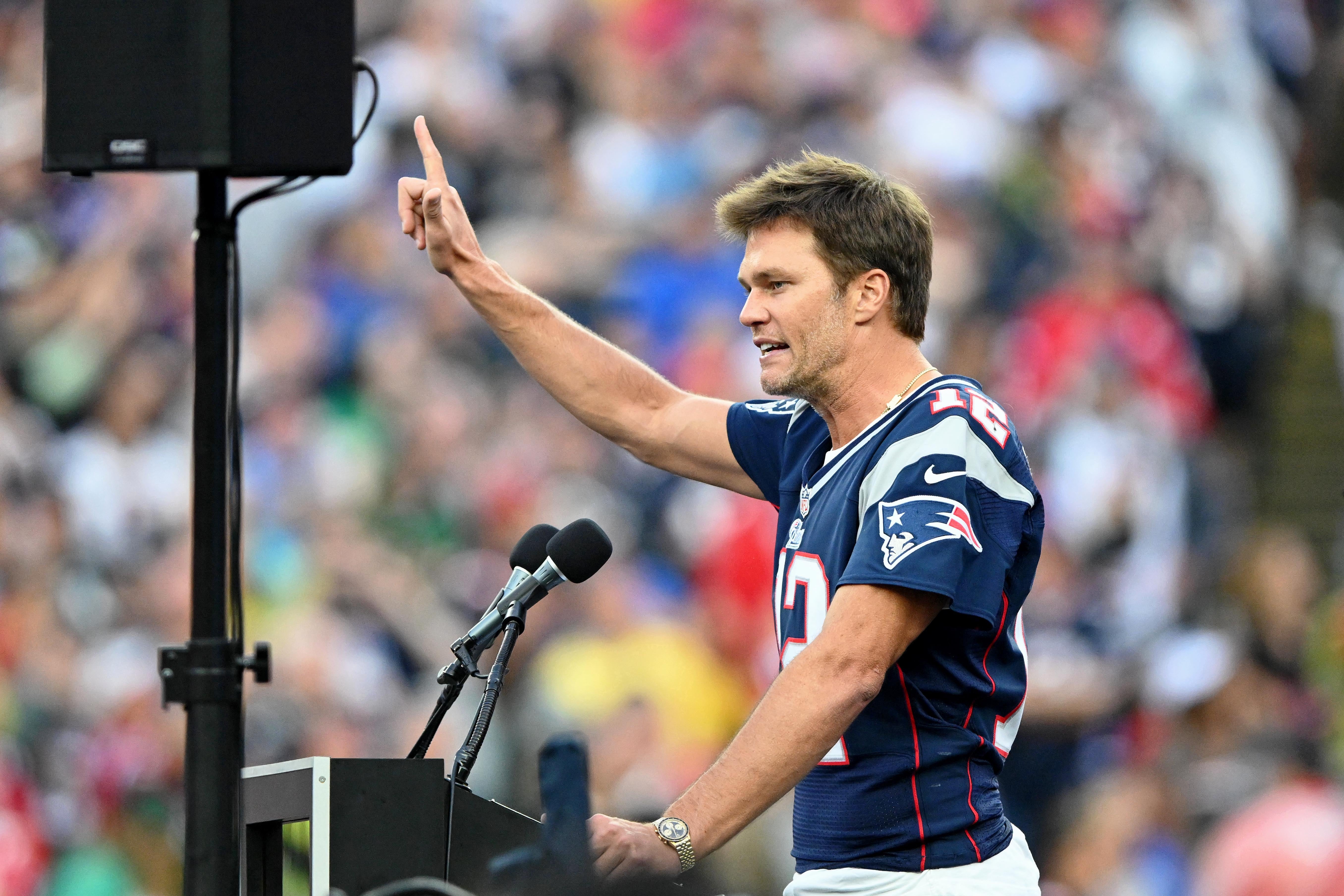 Sep 10, 2023; Foxborough, Massachusetts, USA; New England Patriots former quarterback Tom Brady speaks during a halftime ceremony in his honor during the game between the Philadelphia Eagles and New England Patriots at Gillette Stadium
